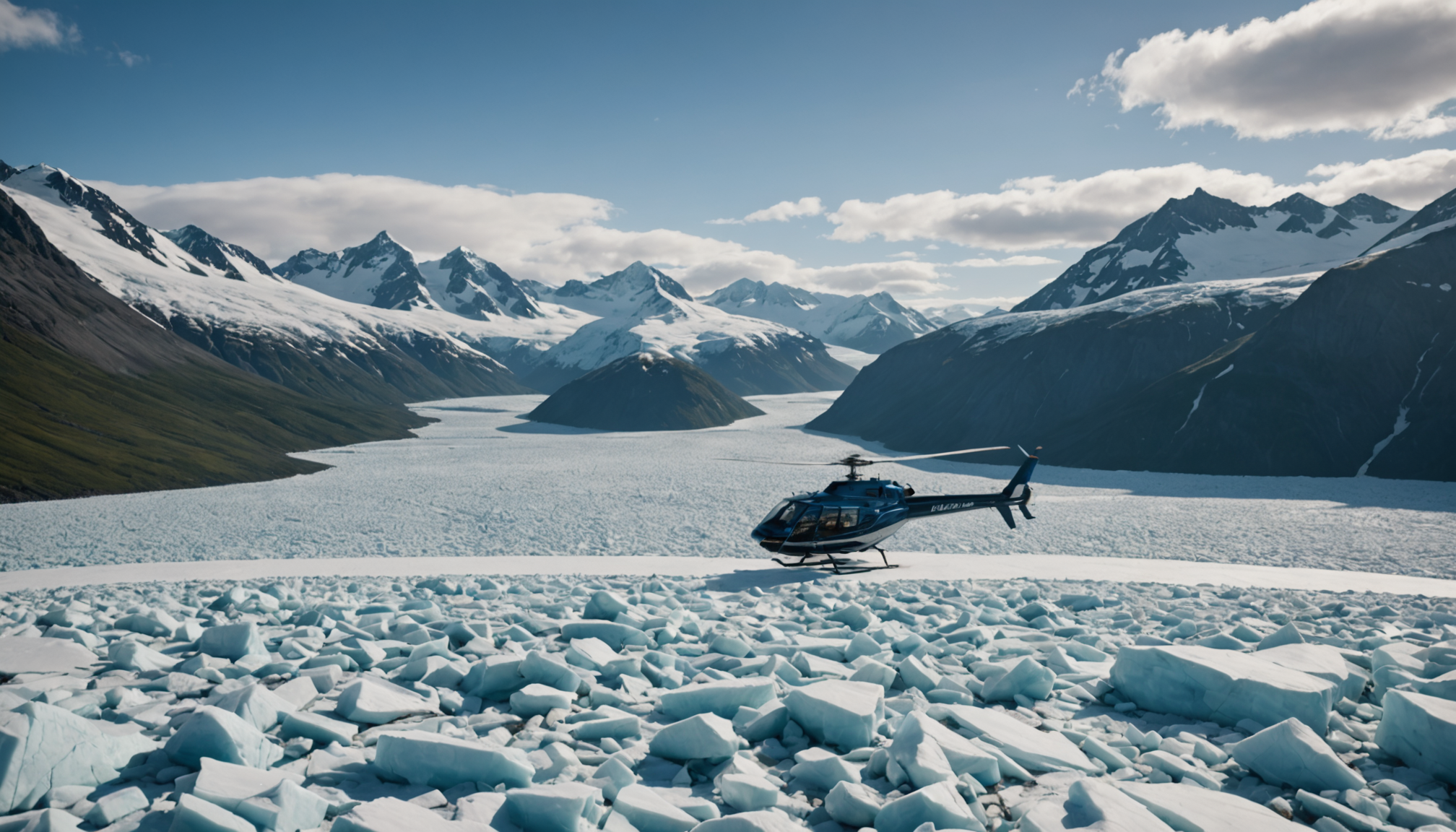 Helicopter landing near a remote Alaskan glacier