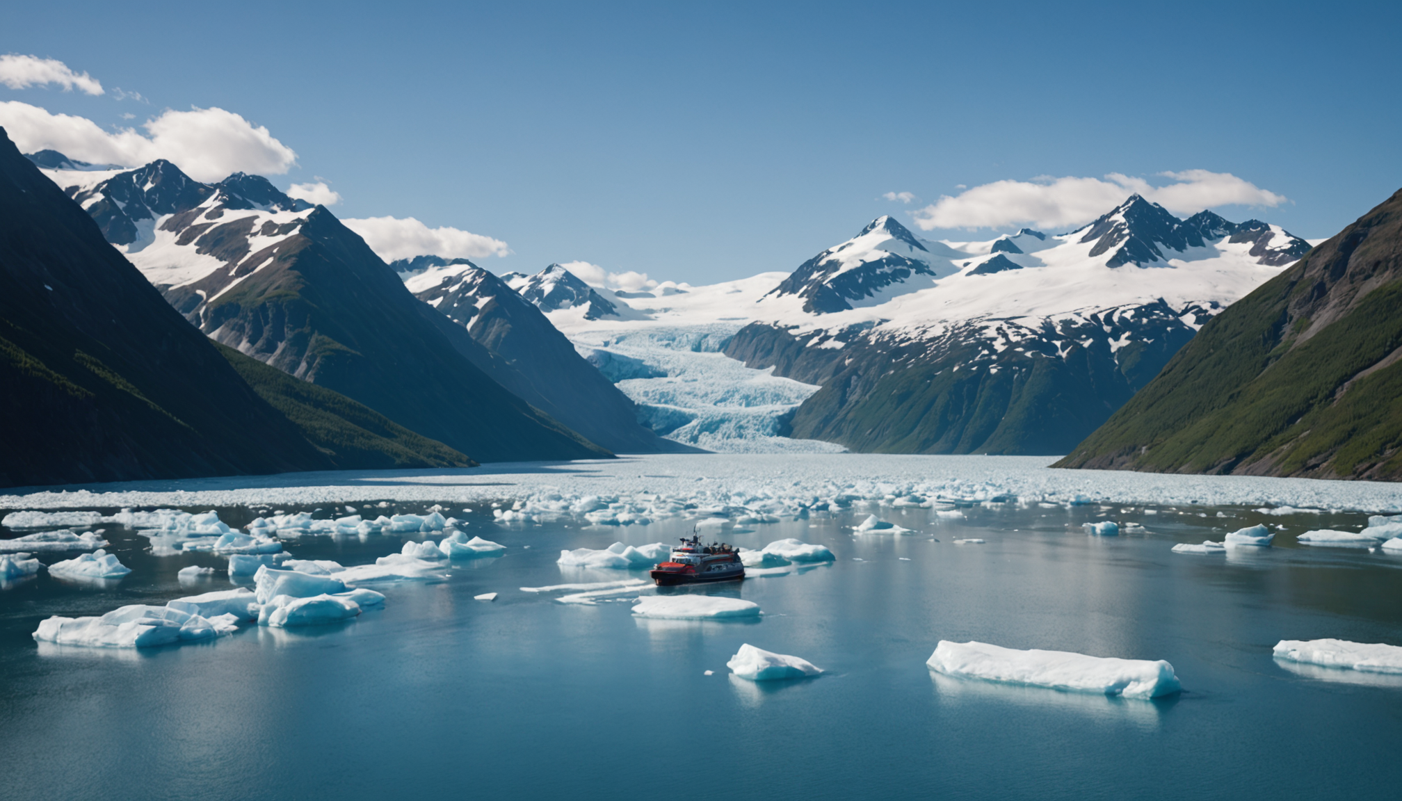 Small cruise boat navigating through Prince William Sound