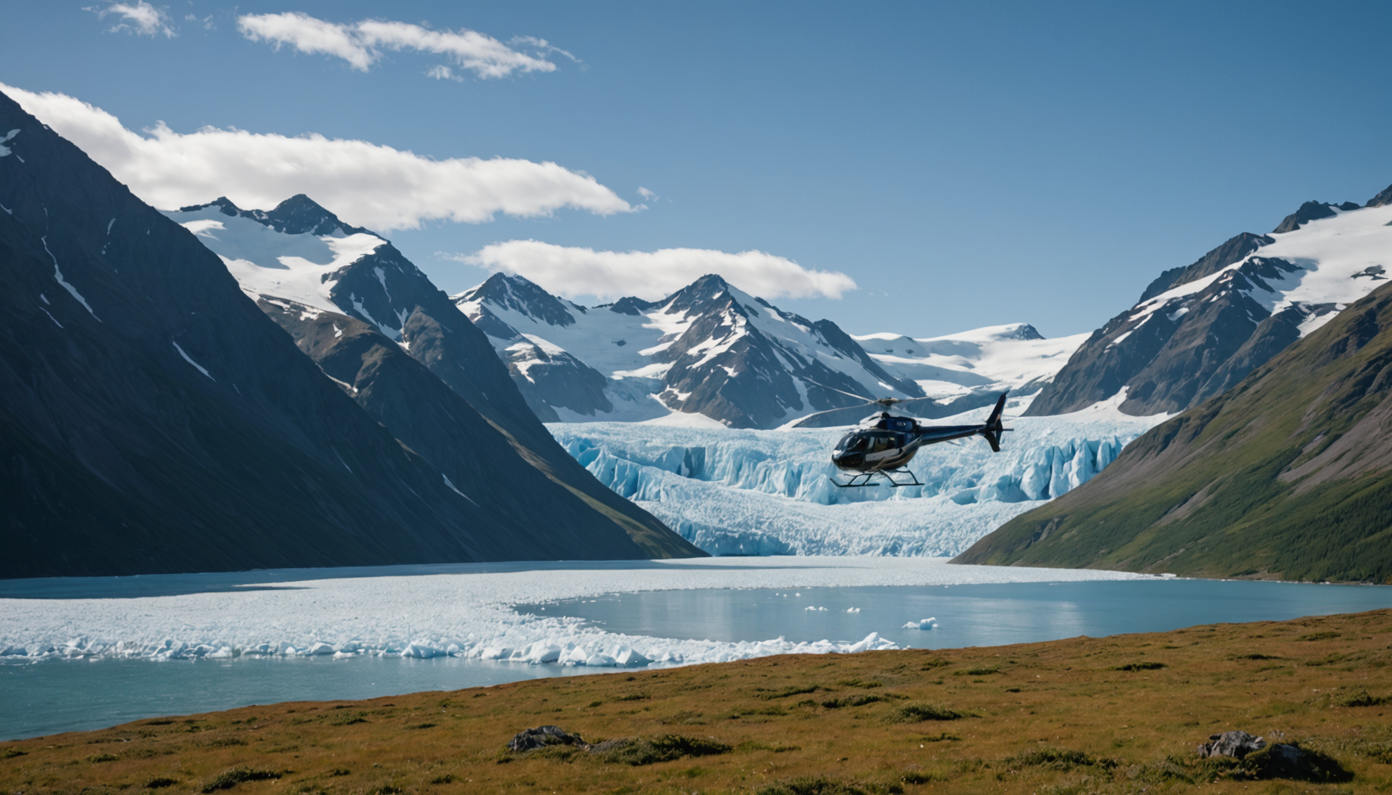 Helicopter landing near a pristine Alaskan lake