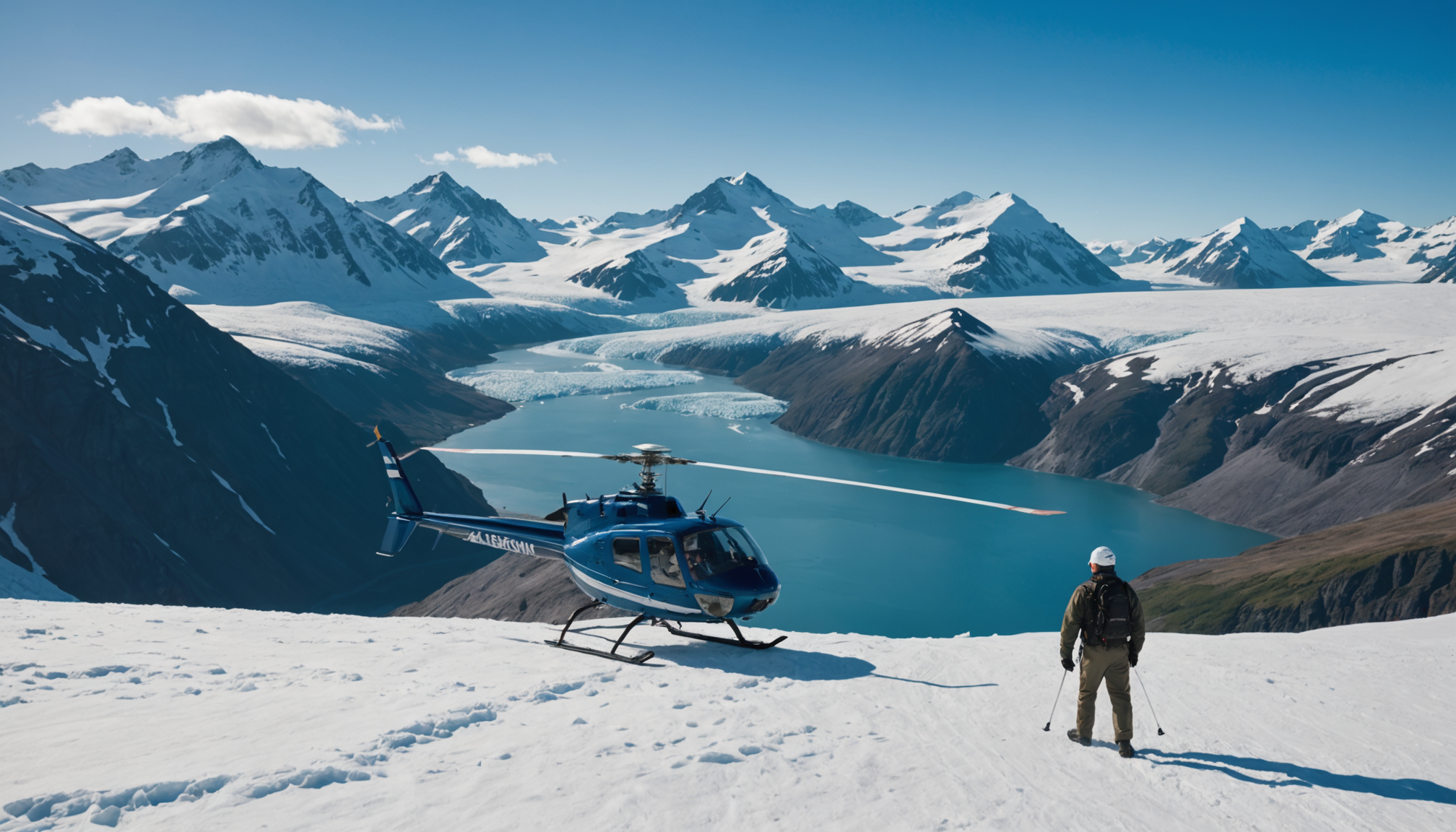 Veteran pilot assisting passengers into a helicopter, showcasing the care and professionalism of Heli Alaska, Inc.