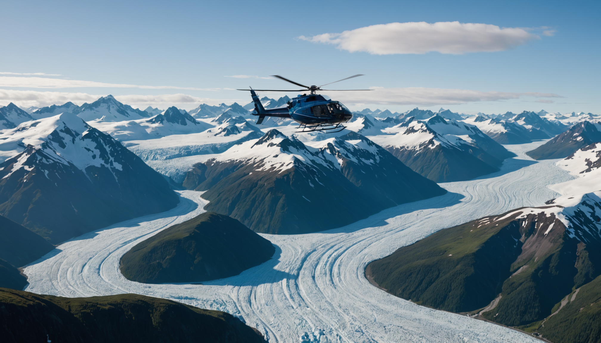 Helicopter flying over Alaska's glaciers