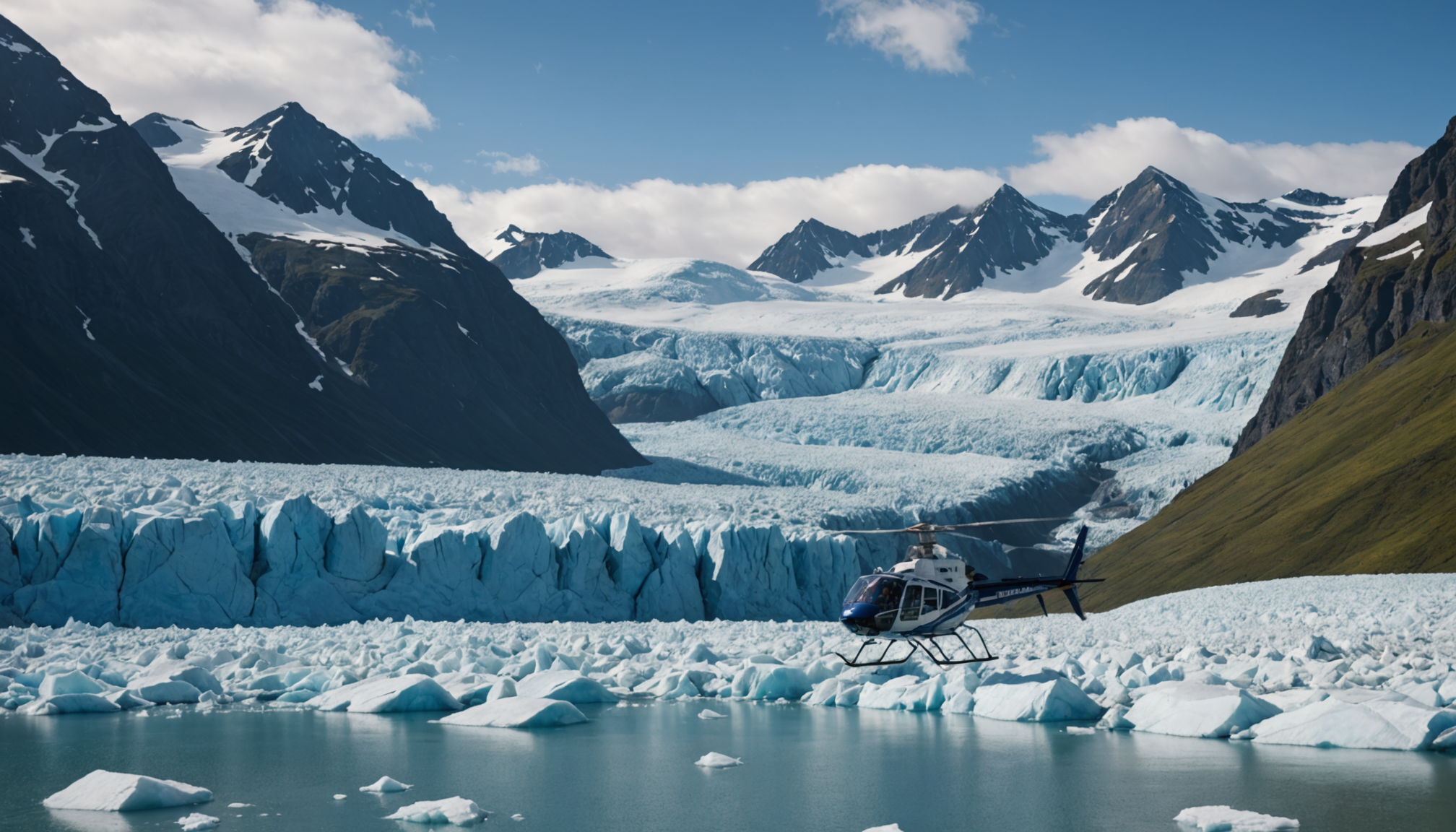 Helicopter landing near a remote Alaskan glacier