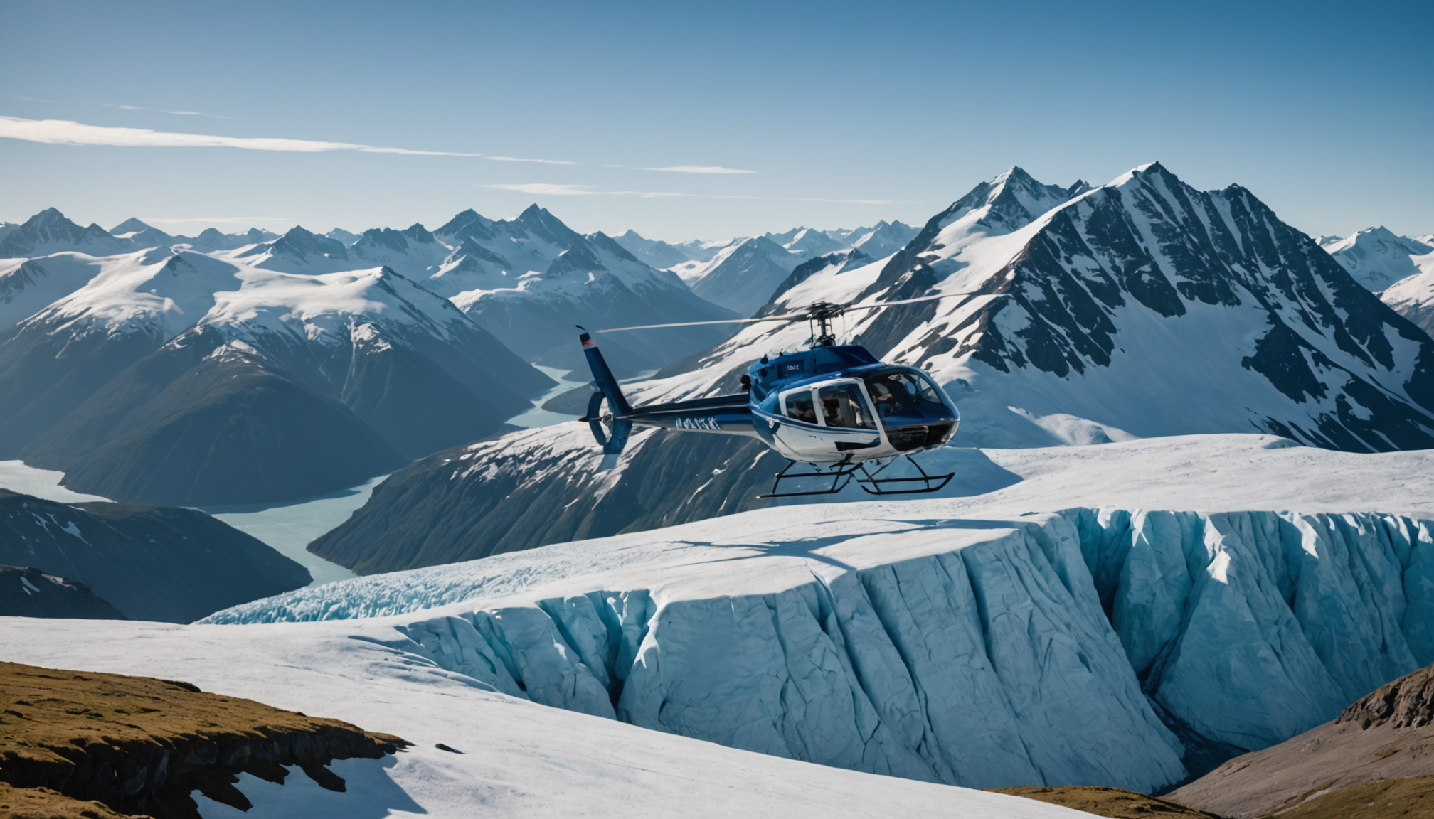 Helicopter landing on a snowy Alaskan peak