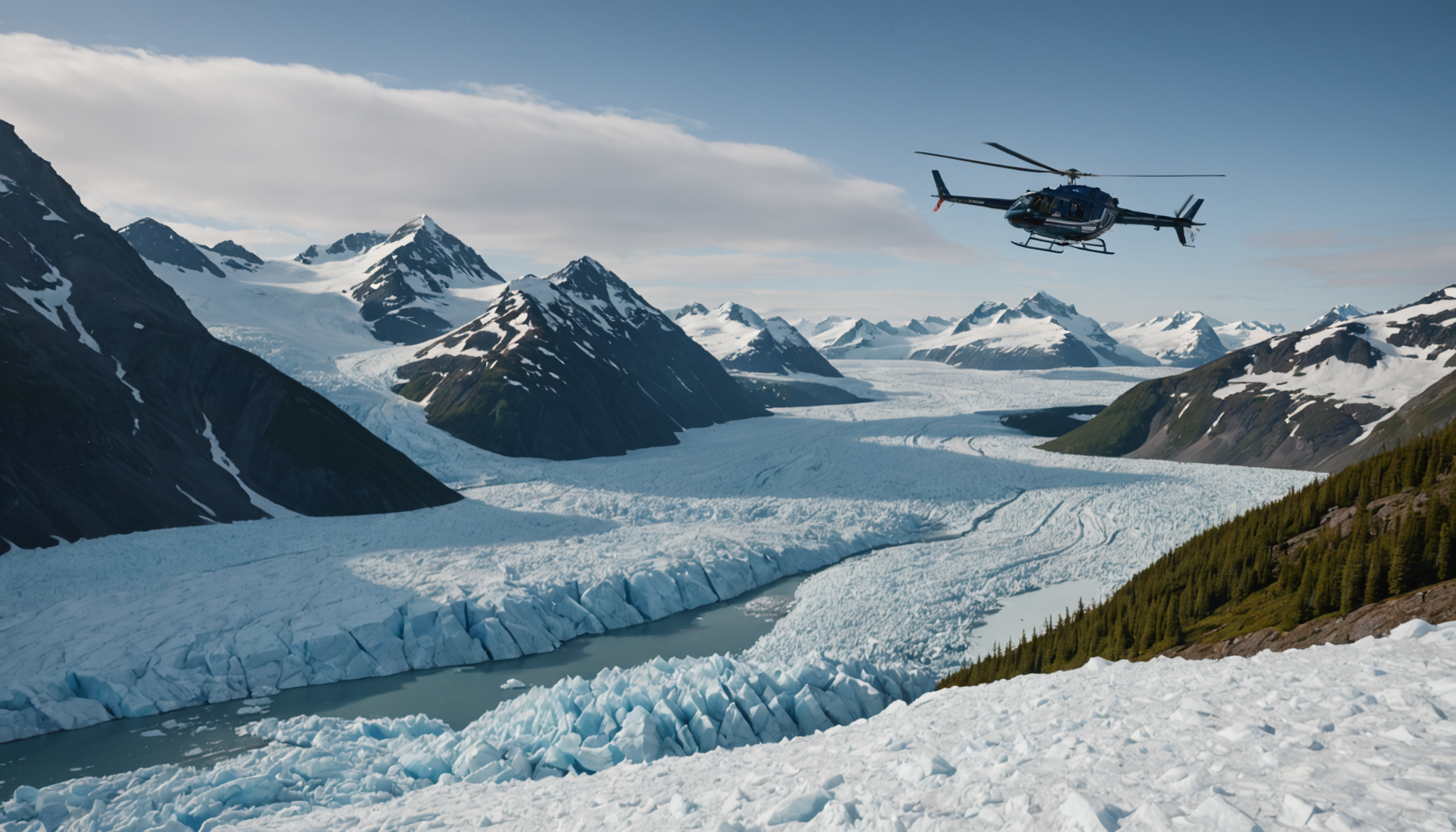 Helicopter landing on a glacier in the Chugach Range