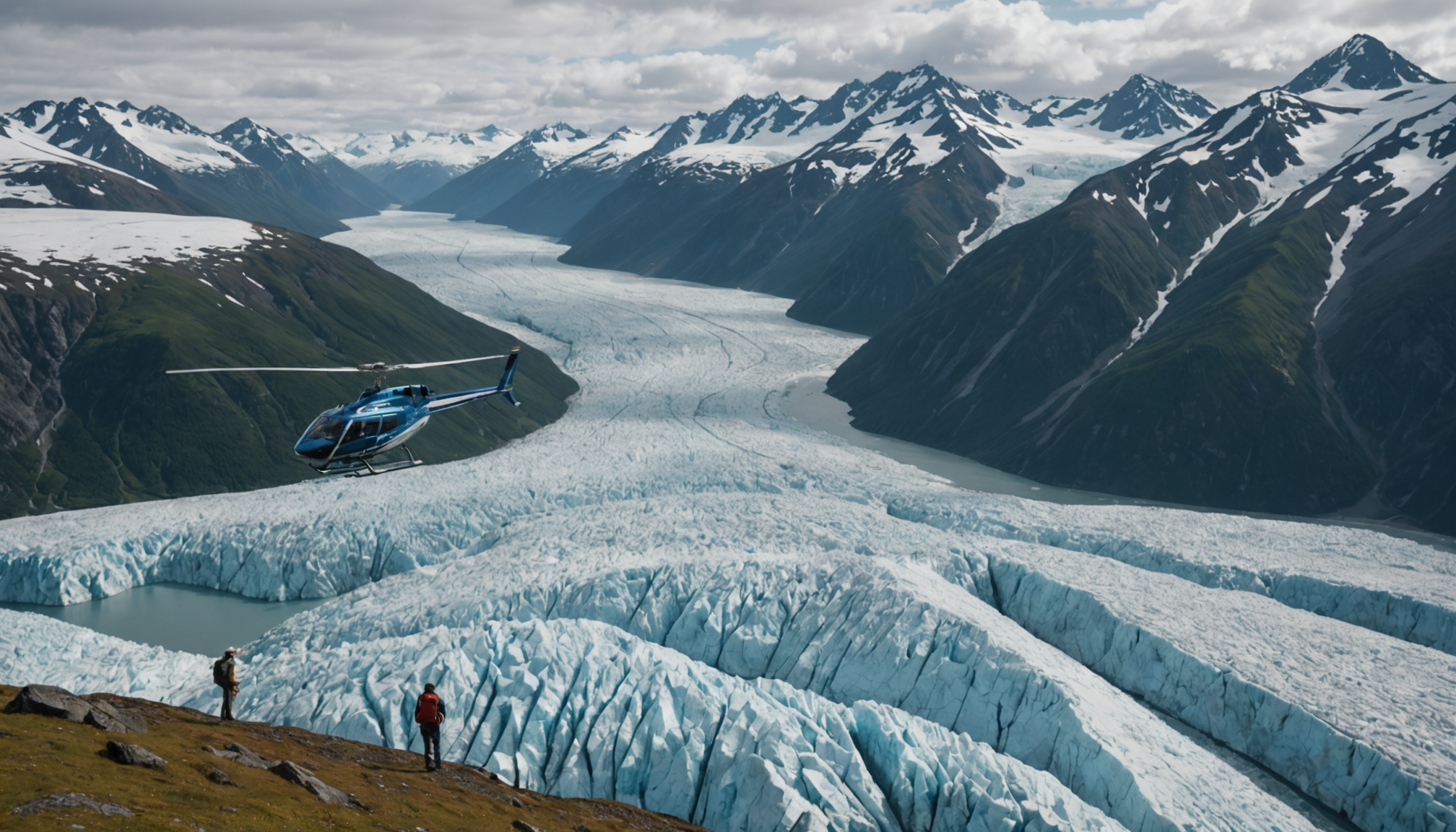 Tourist taking photos from a helicopter in the Chugach Mountains