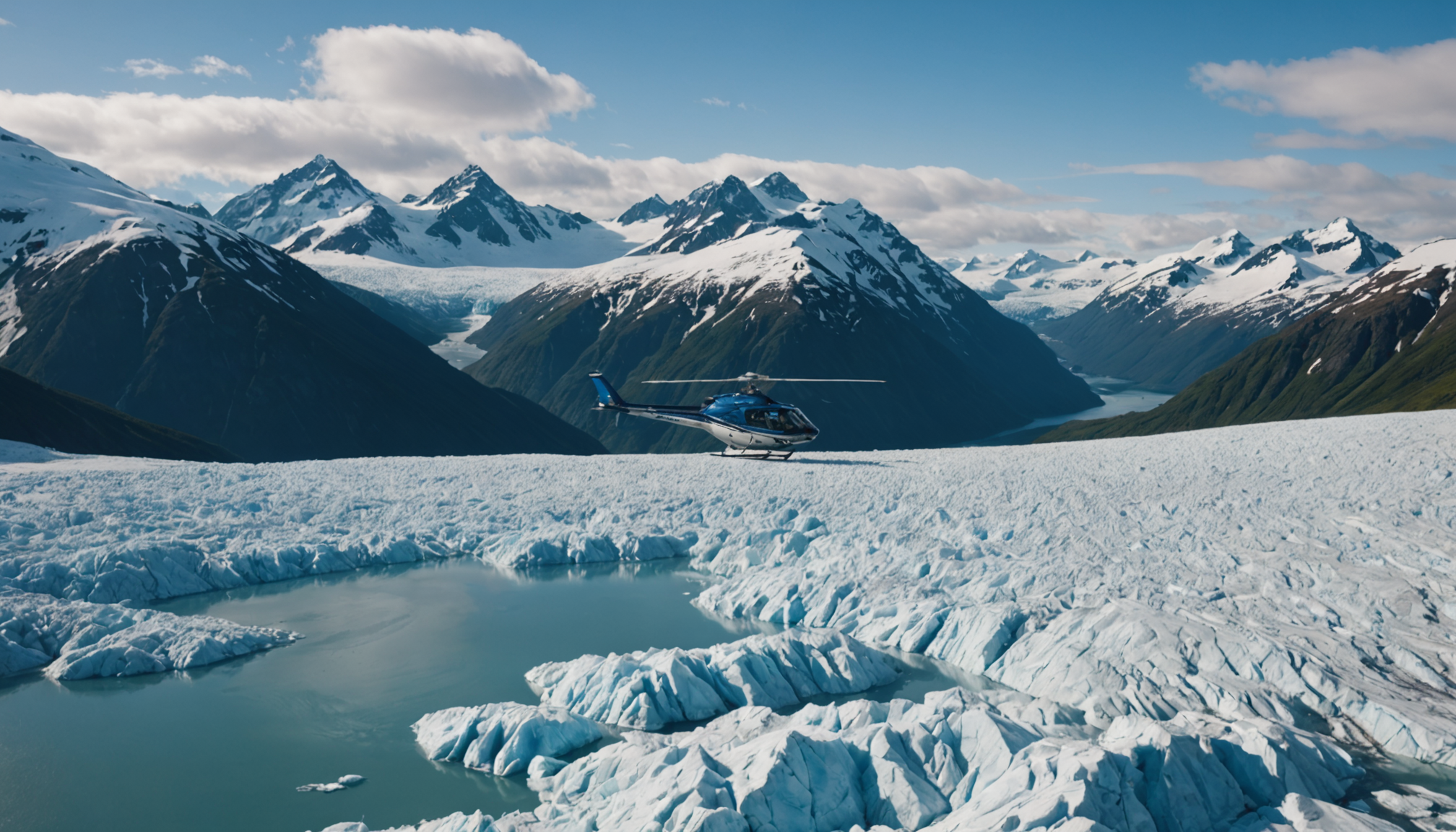 Solo traveler photographing Prince William Sound from a helicopter