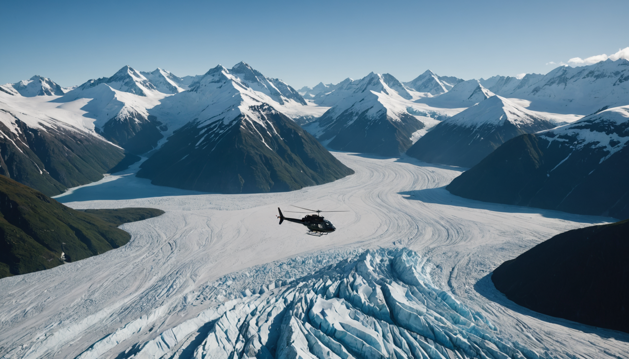 Helicopter flying over Knik Glacier