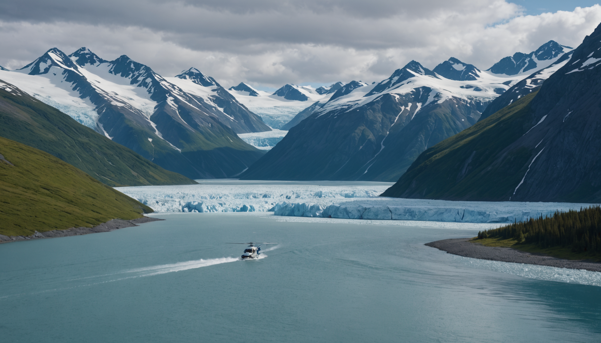 A small boat navigating the Alaska Inside Passage with glaciers in the background
