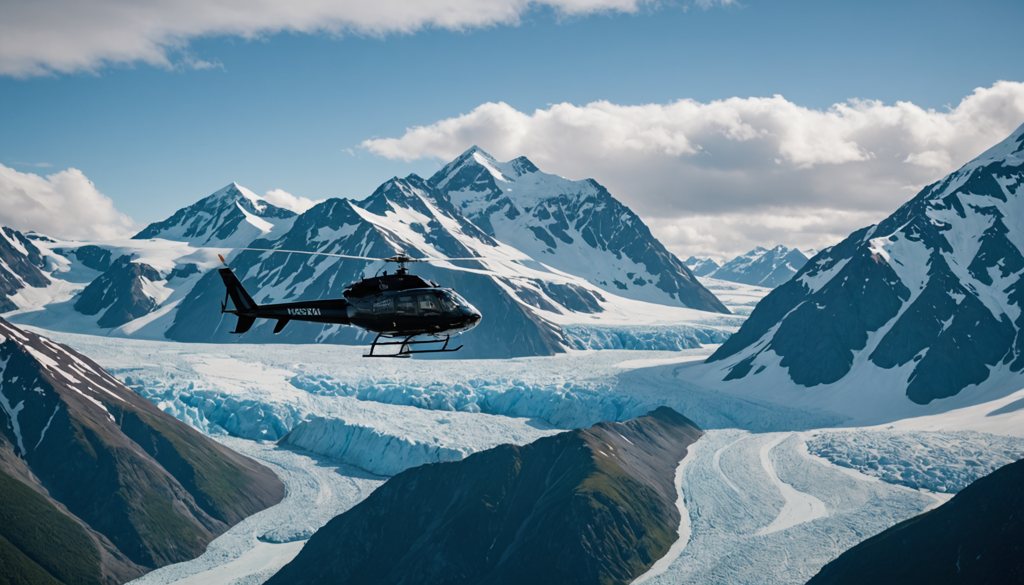 Helicopter flying over Knik Glacier