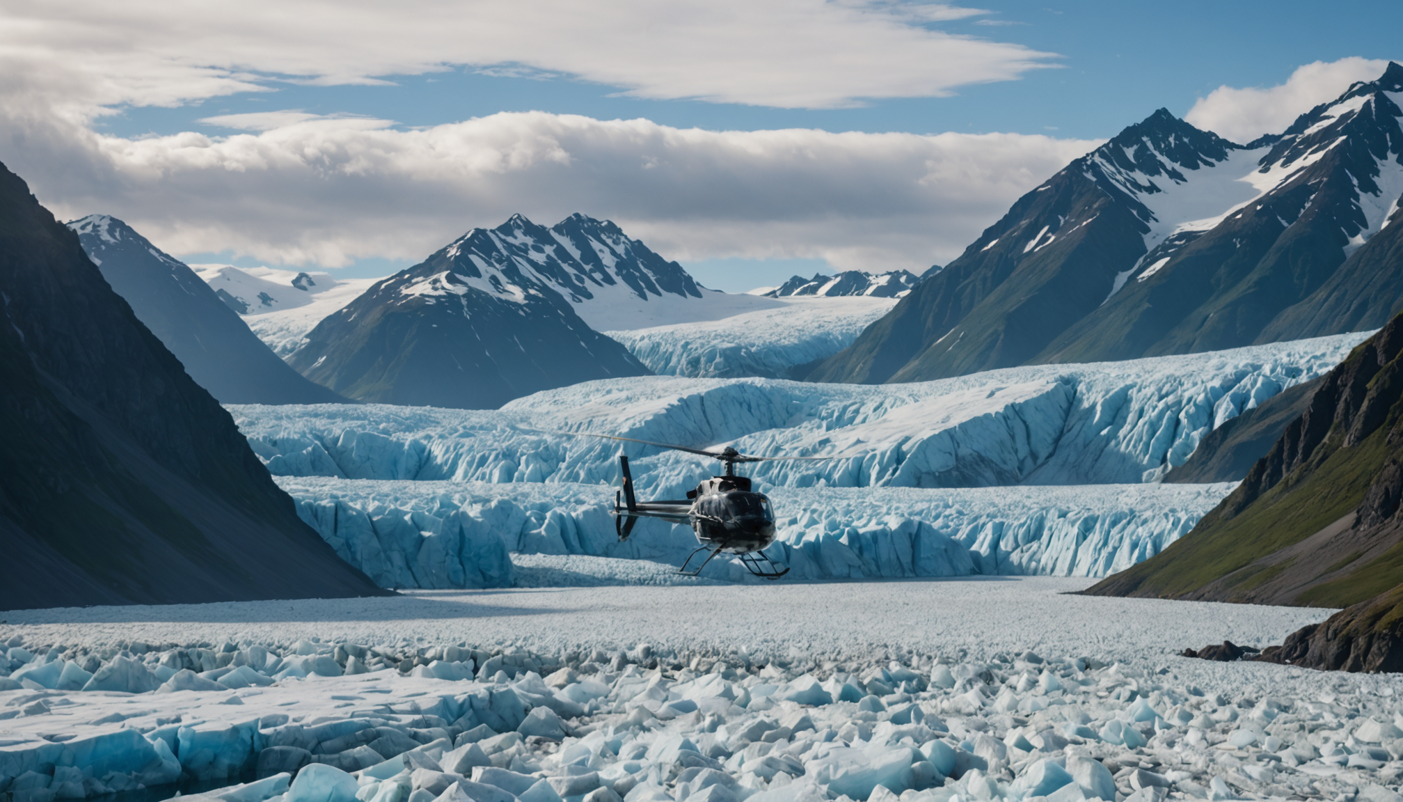 Helicopter flying over Knik Glacier