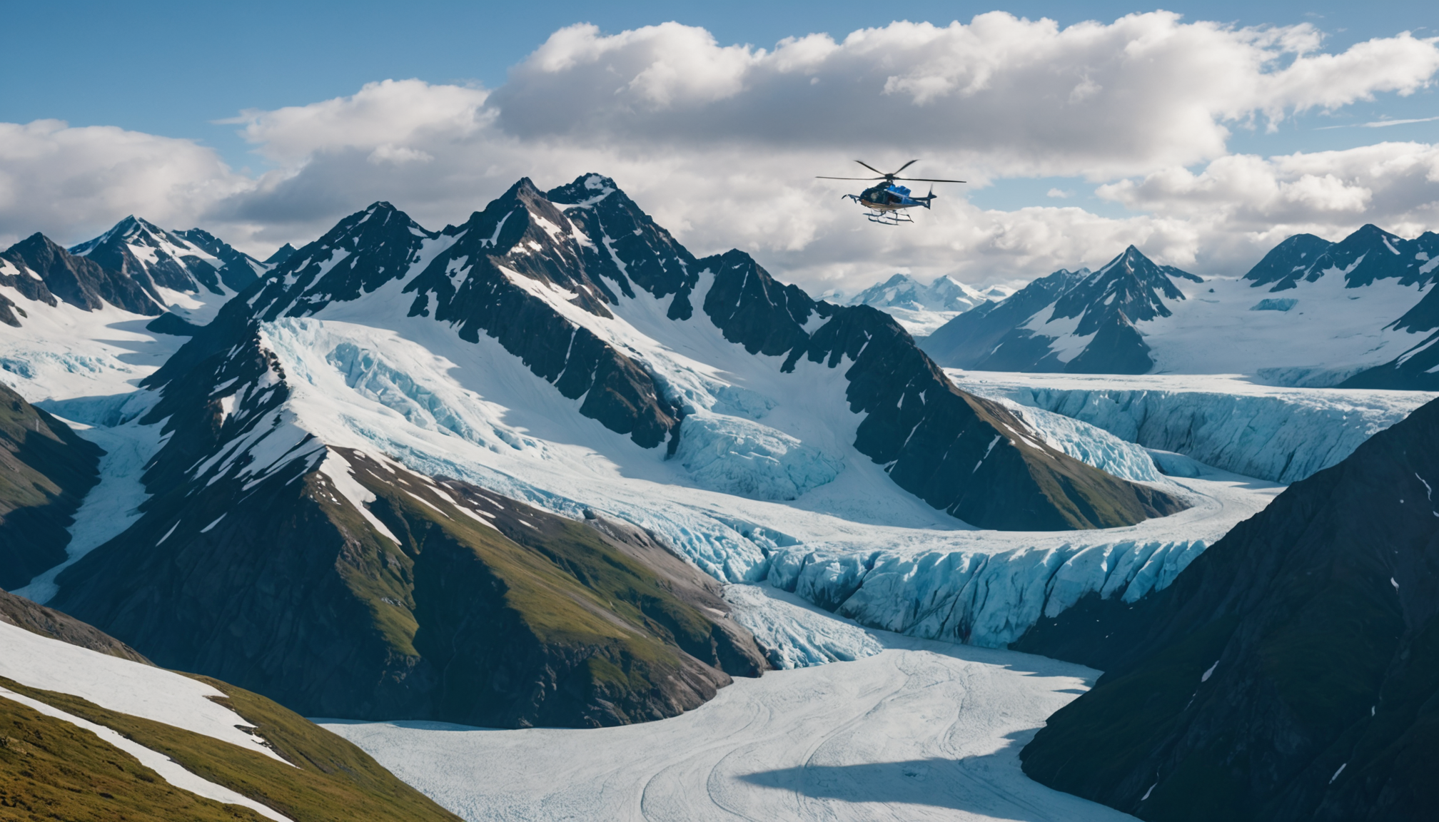 Helicopter flying over Knik Glacier
