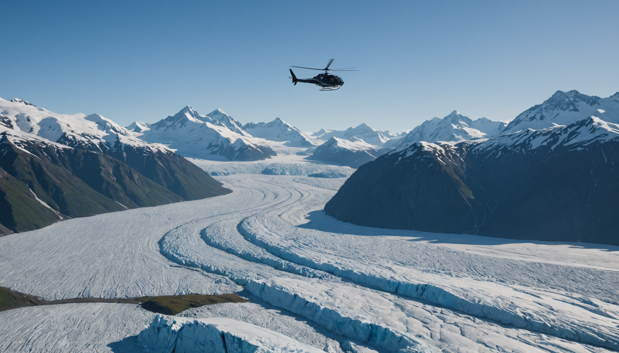 Helicopter flying over Knik Glacier with a cruise ship in the background
