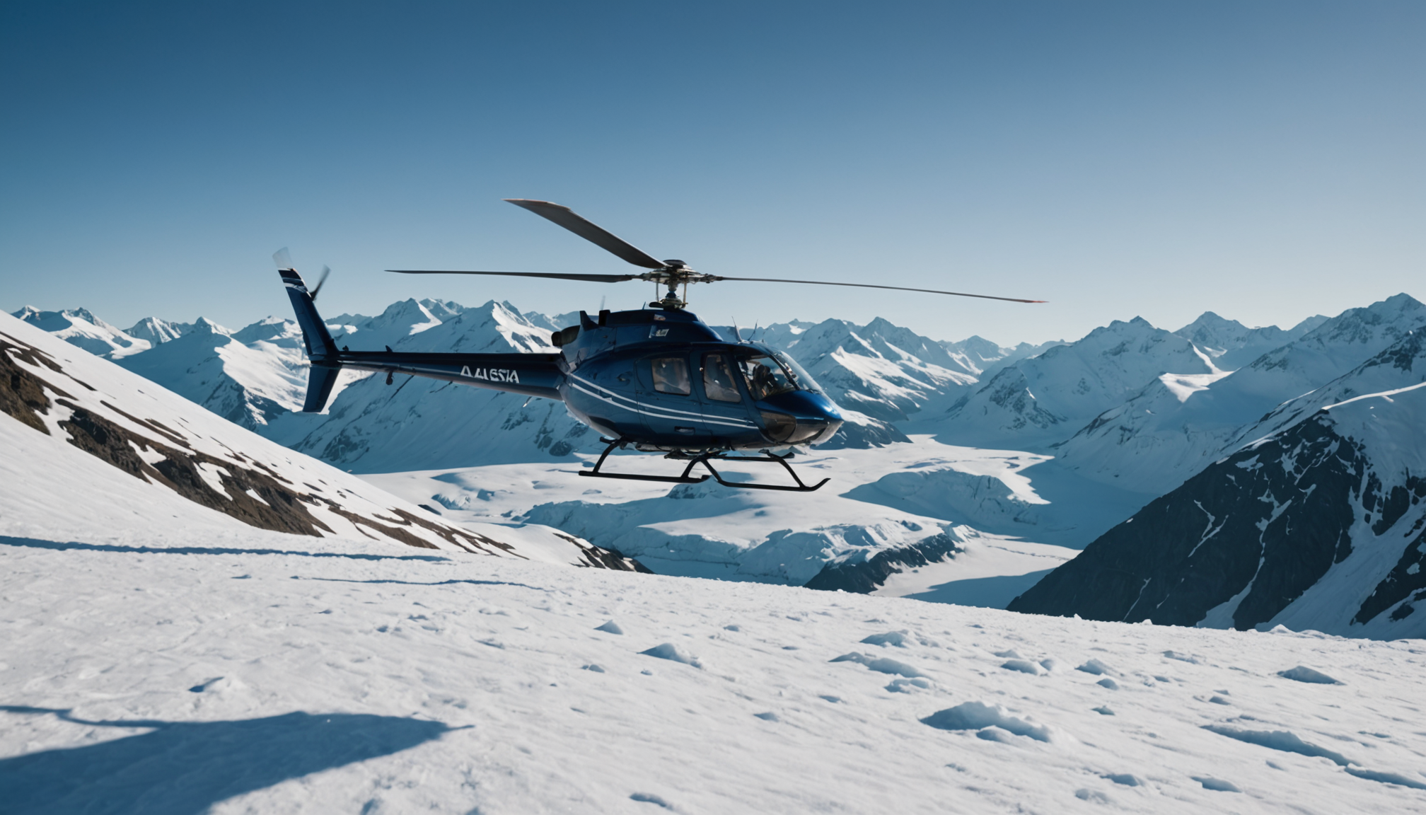 Helicopter landing near a snow-covered peak in Alaska