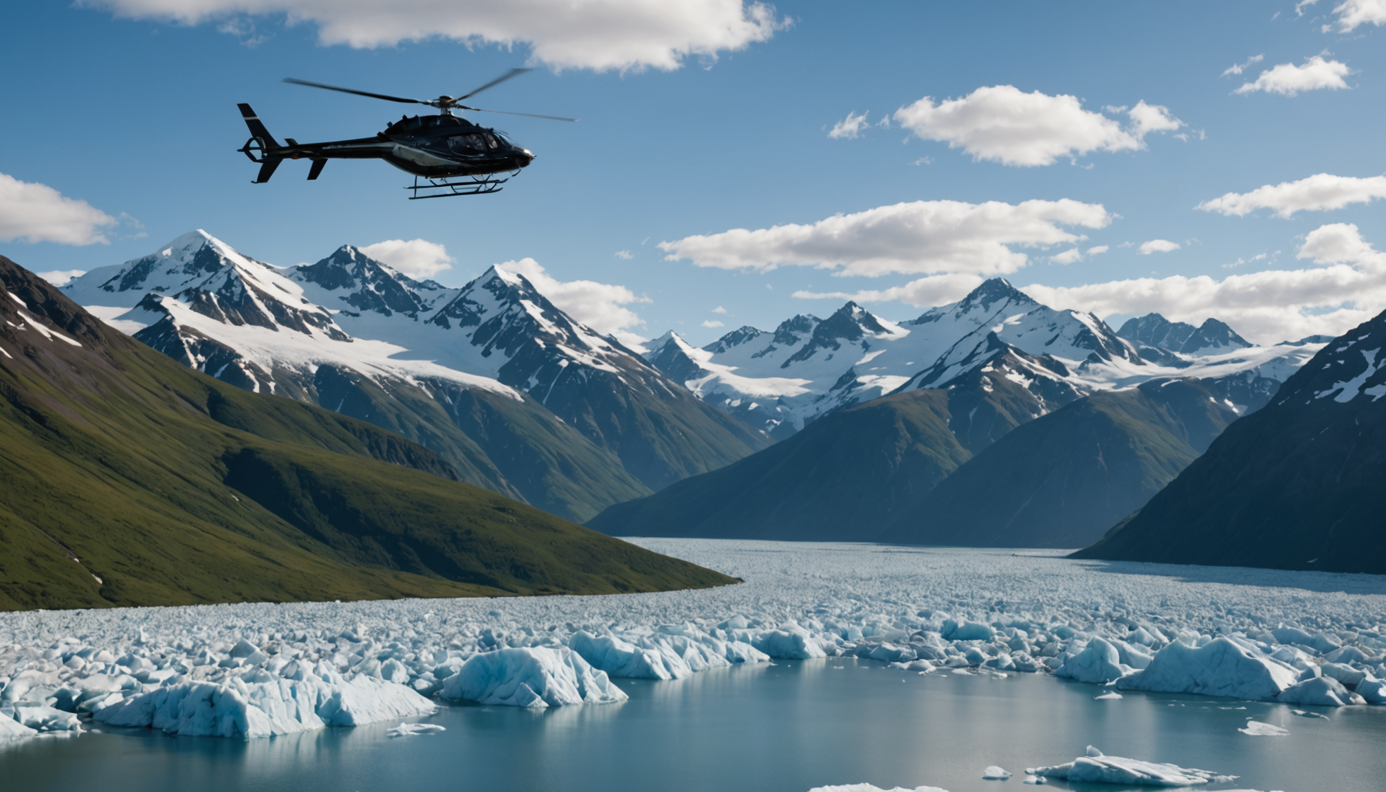 Helicopter flying over Prince William Sound