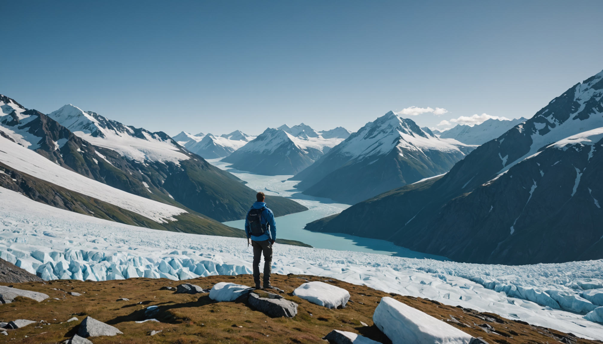 Single traveller enjoying a scenic view of Prince William Sound