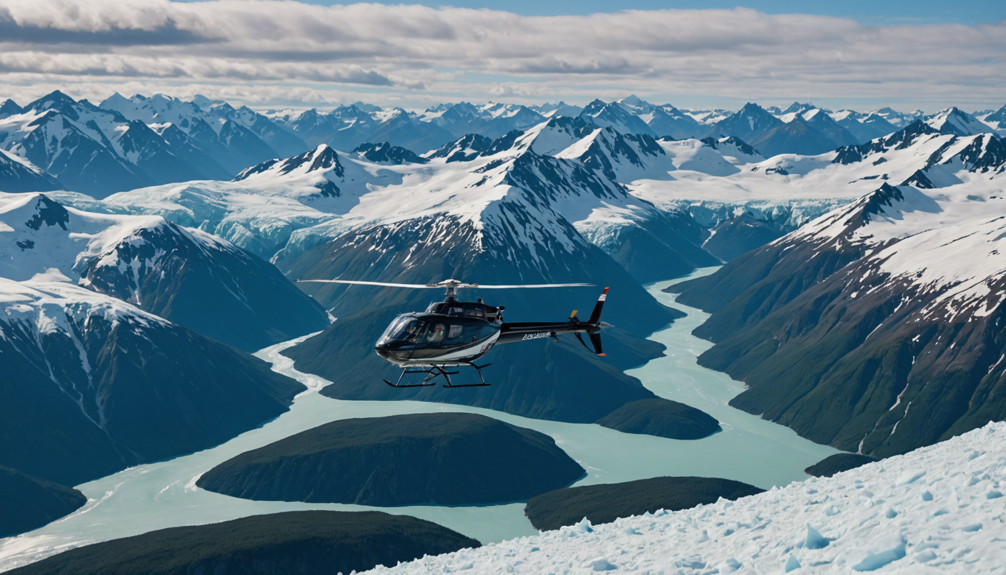 Helicopter flying over the Chugach Mountains with a view of Prince William Sound