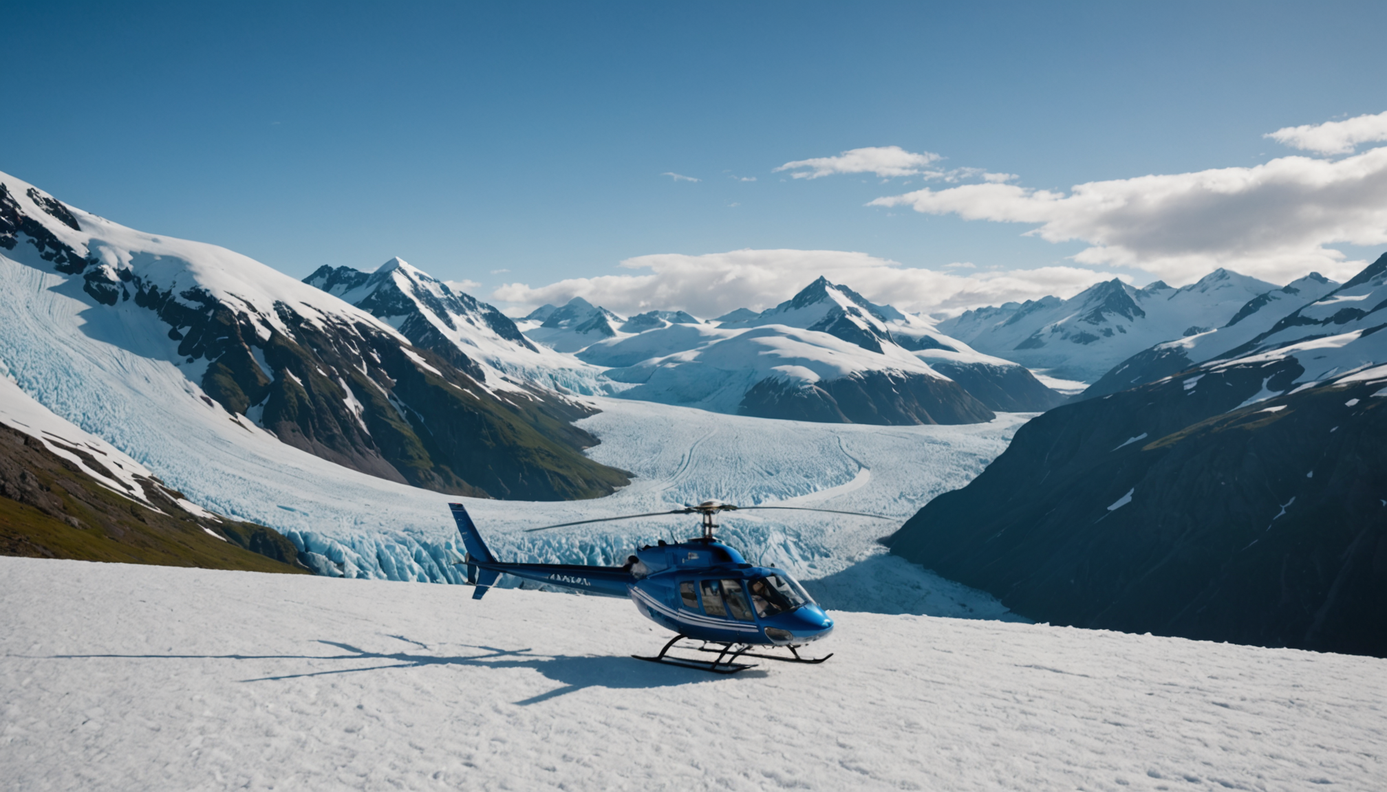 Helicopter landing on a pristine Alaskan glacier