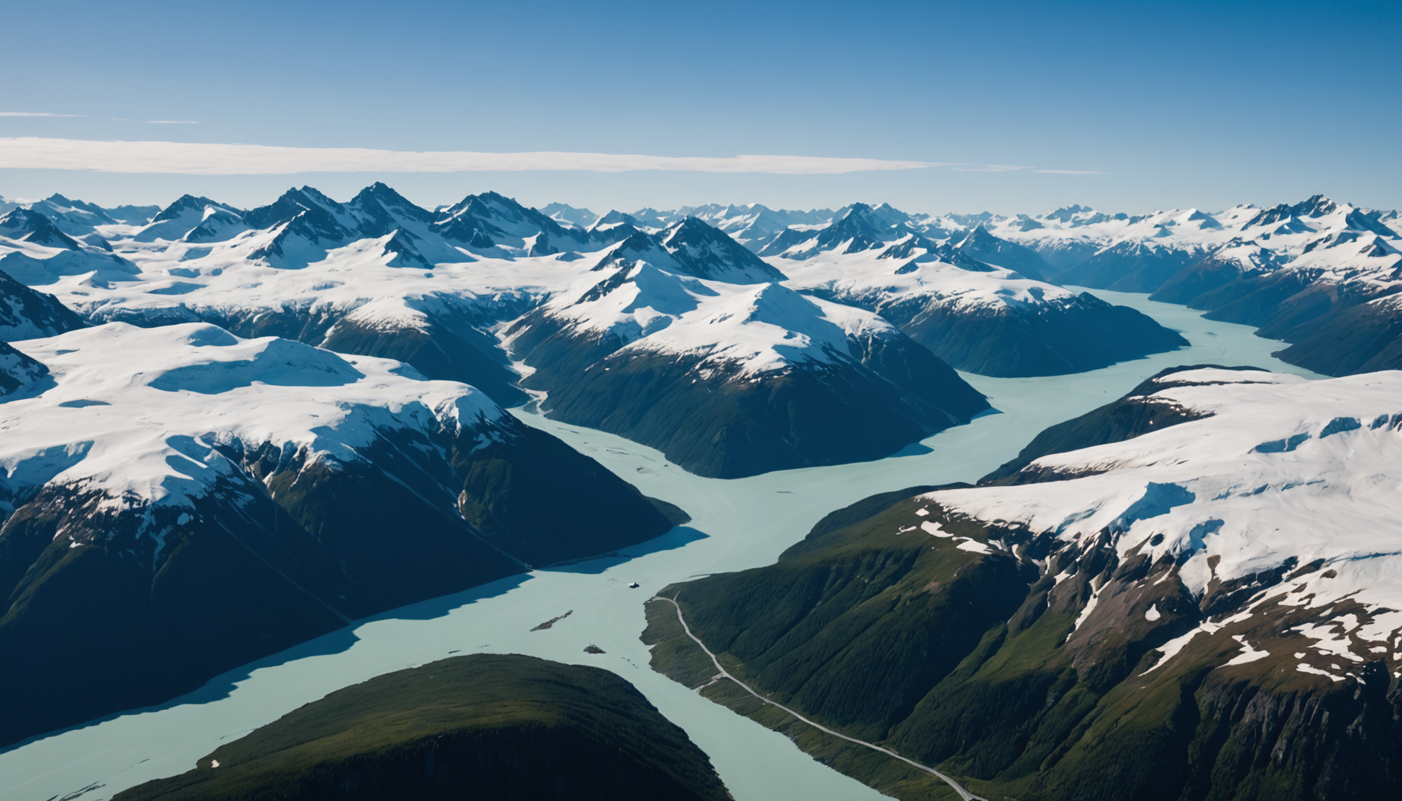 Aerial view of Prince William Sound with snow-capped mountains