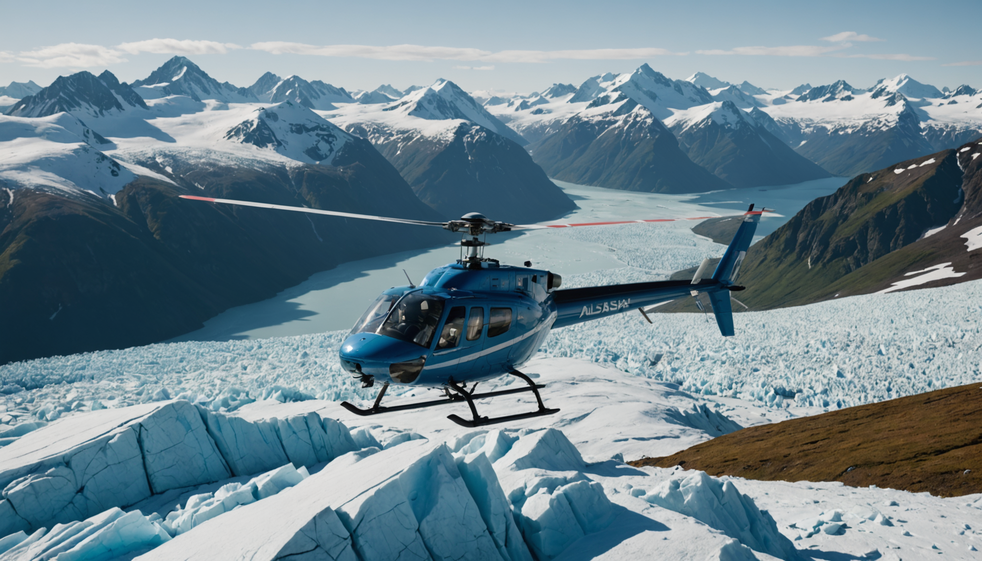 A close-up of a helicopter landing near a glacier in the Inside Passage.