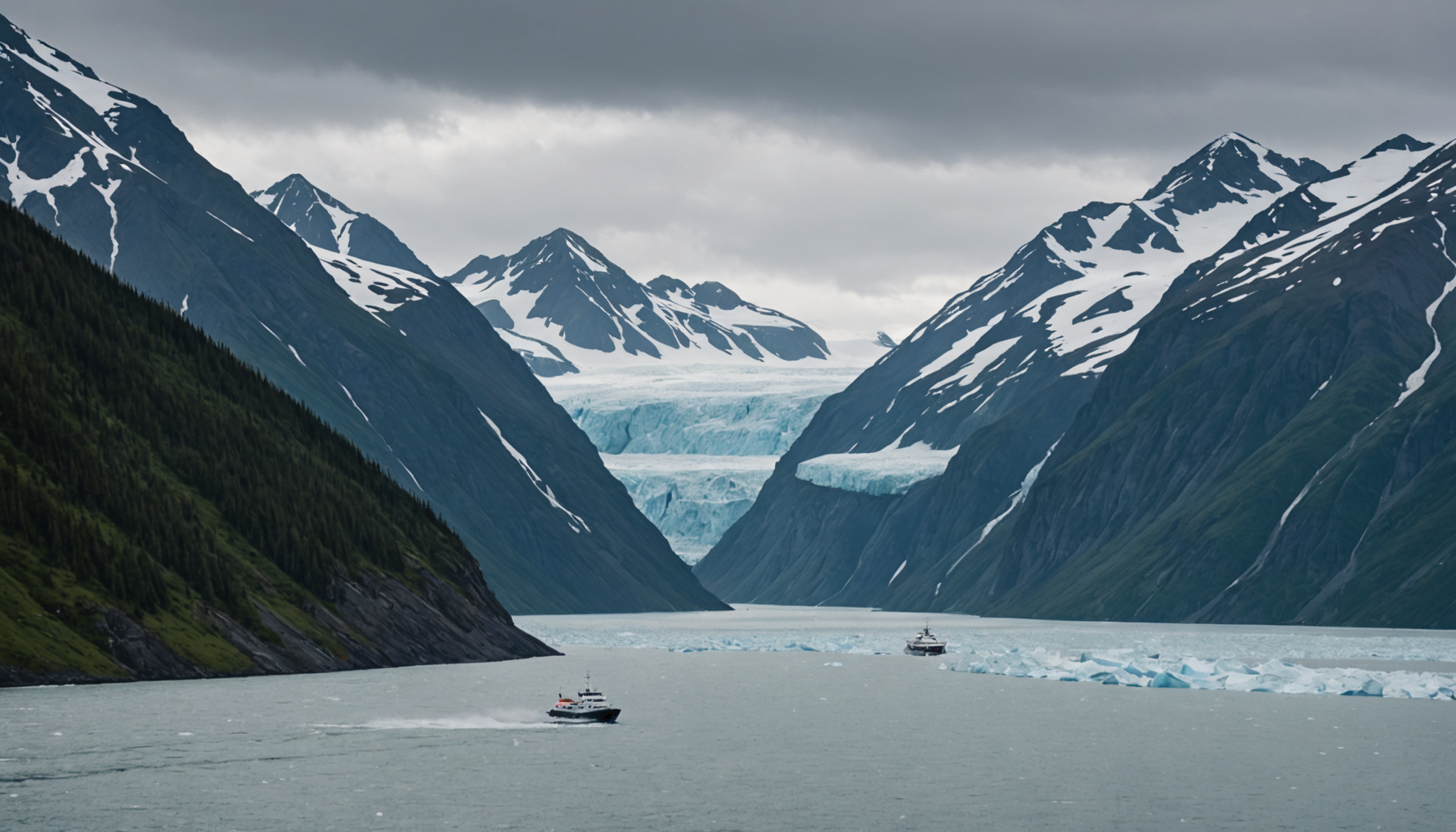 A small cruise ship navigating through Alaska's Inside Passage