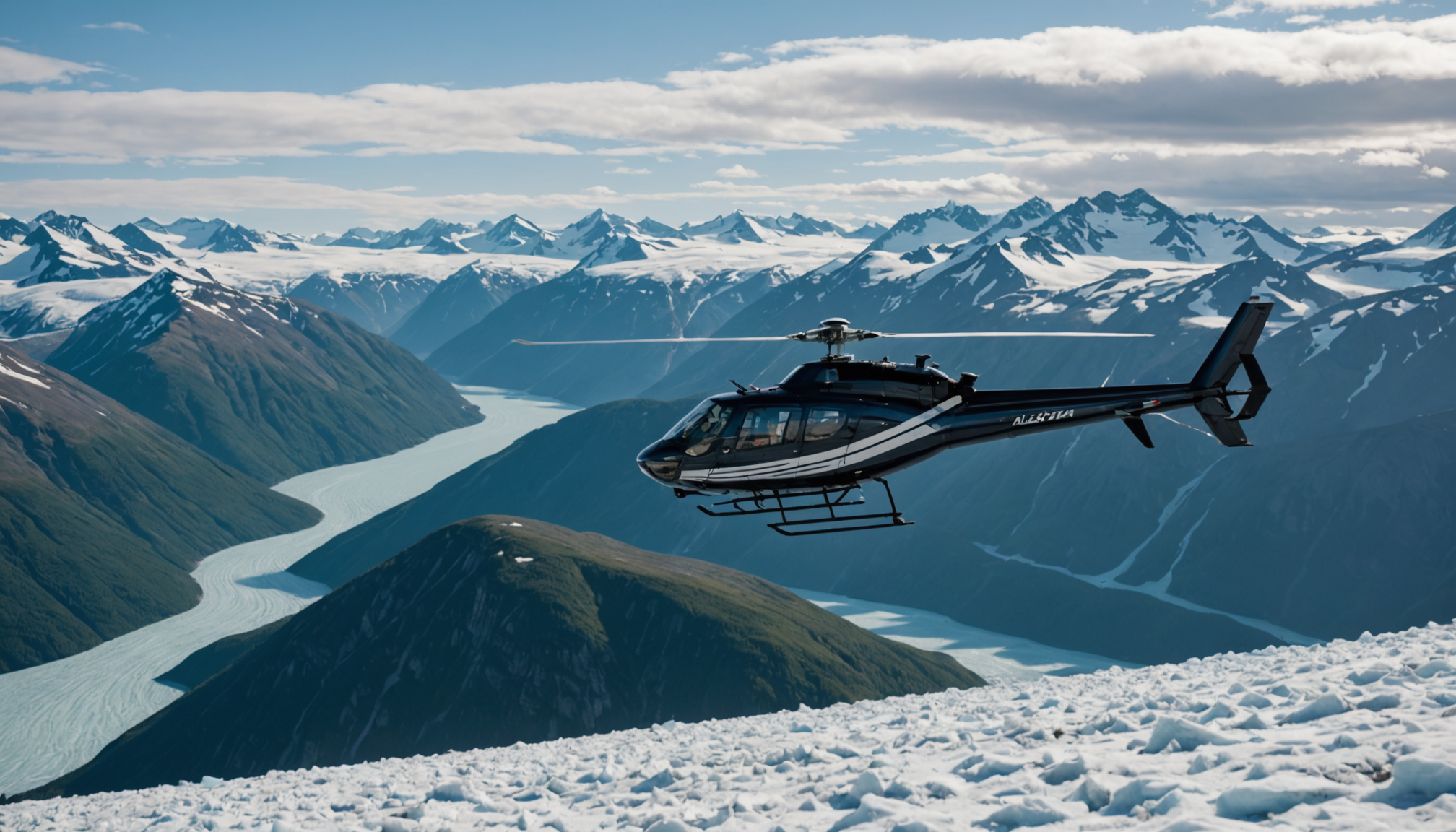 Helicopter flying over the Chugach Mountains