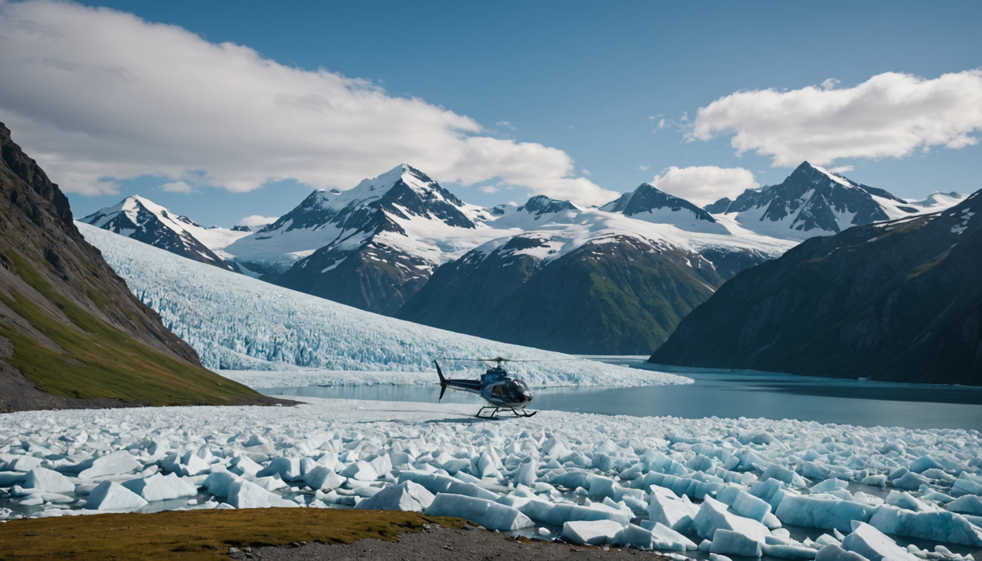 Helicopter landing near a pristine Alaskan lake