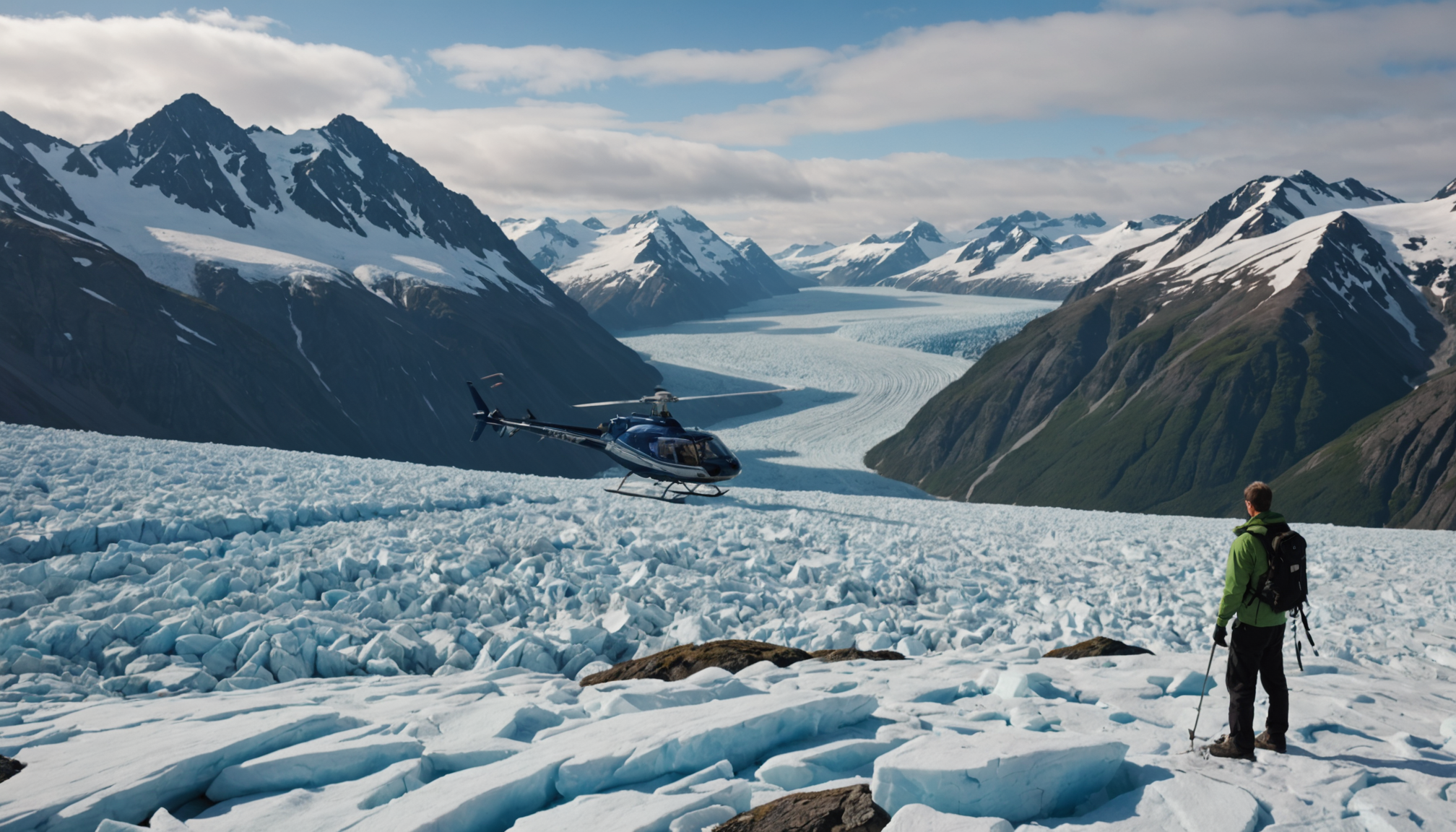 Tourist photographing Prince William Sound from helicopter