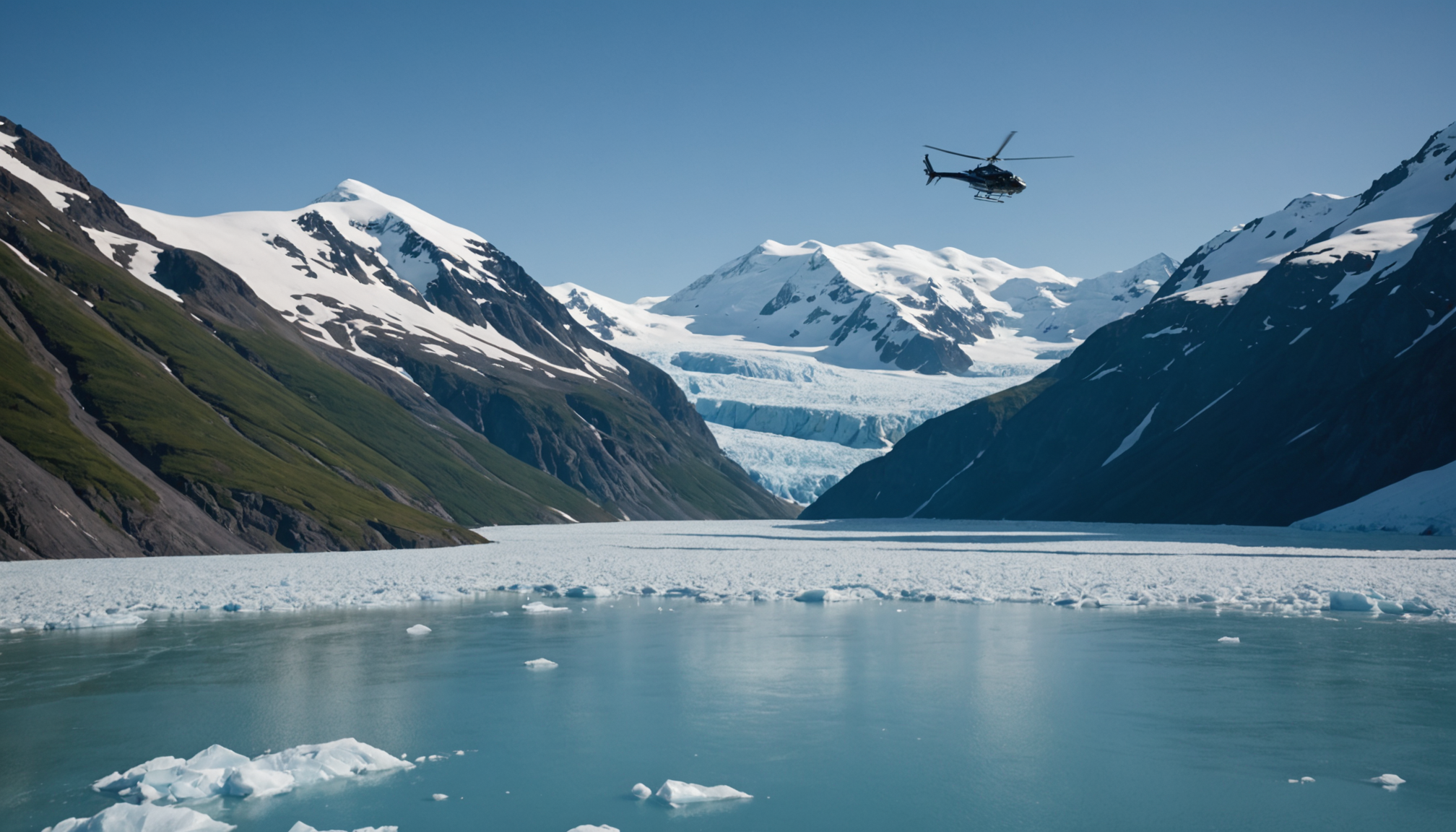 Helicopter flying over Alaskan glacier