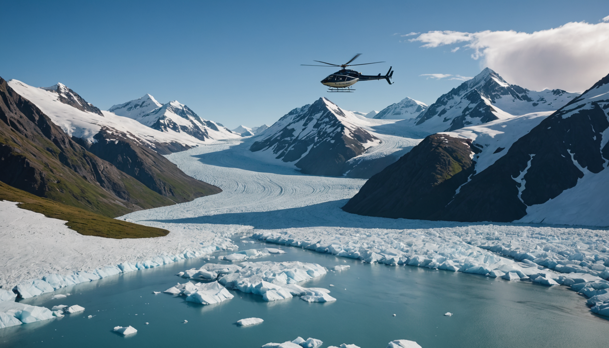 Helicopter landing near glaciers in the Chugach Mountains