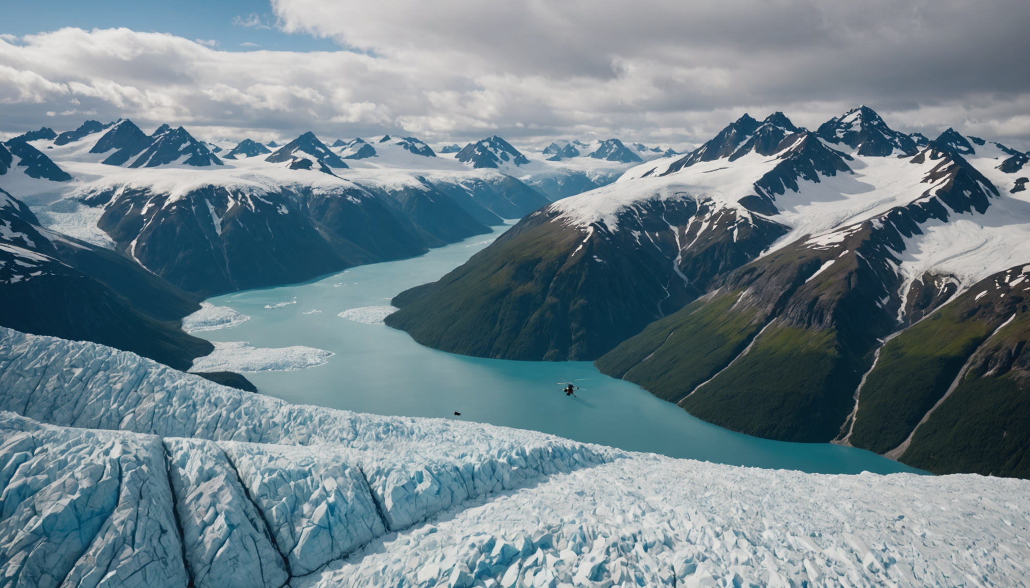Aerial view of Prince William Sound with a helicopter flying above