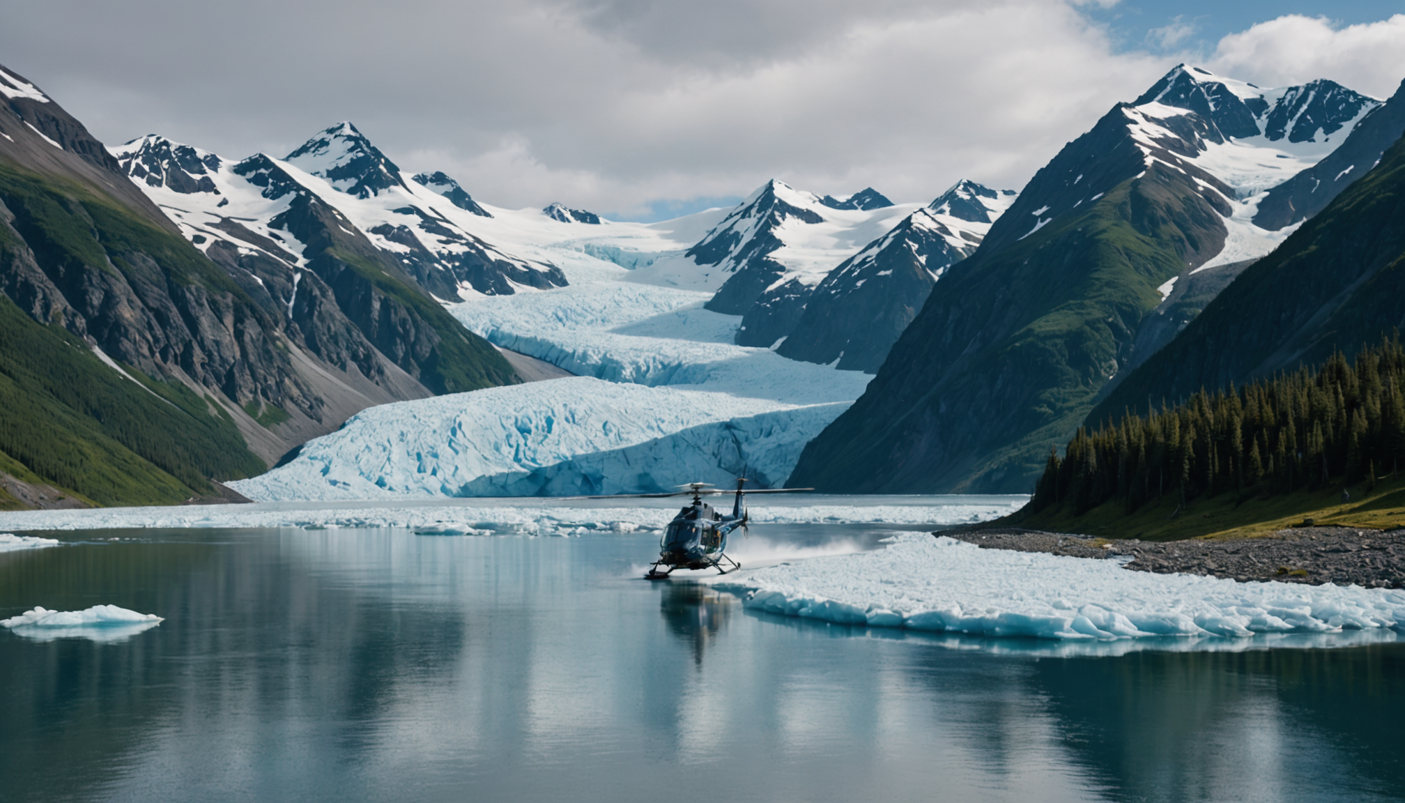 A cruise ship navigating the waters near Alaska's coastline