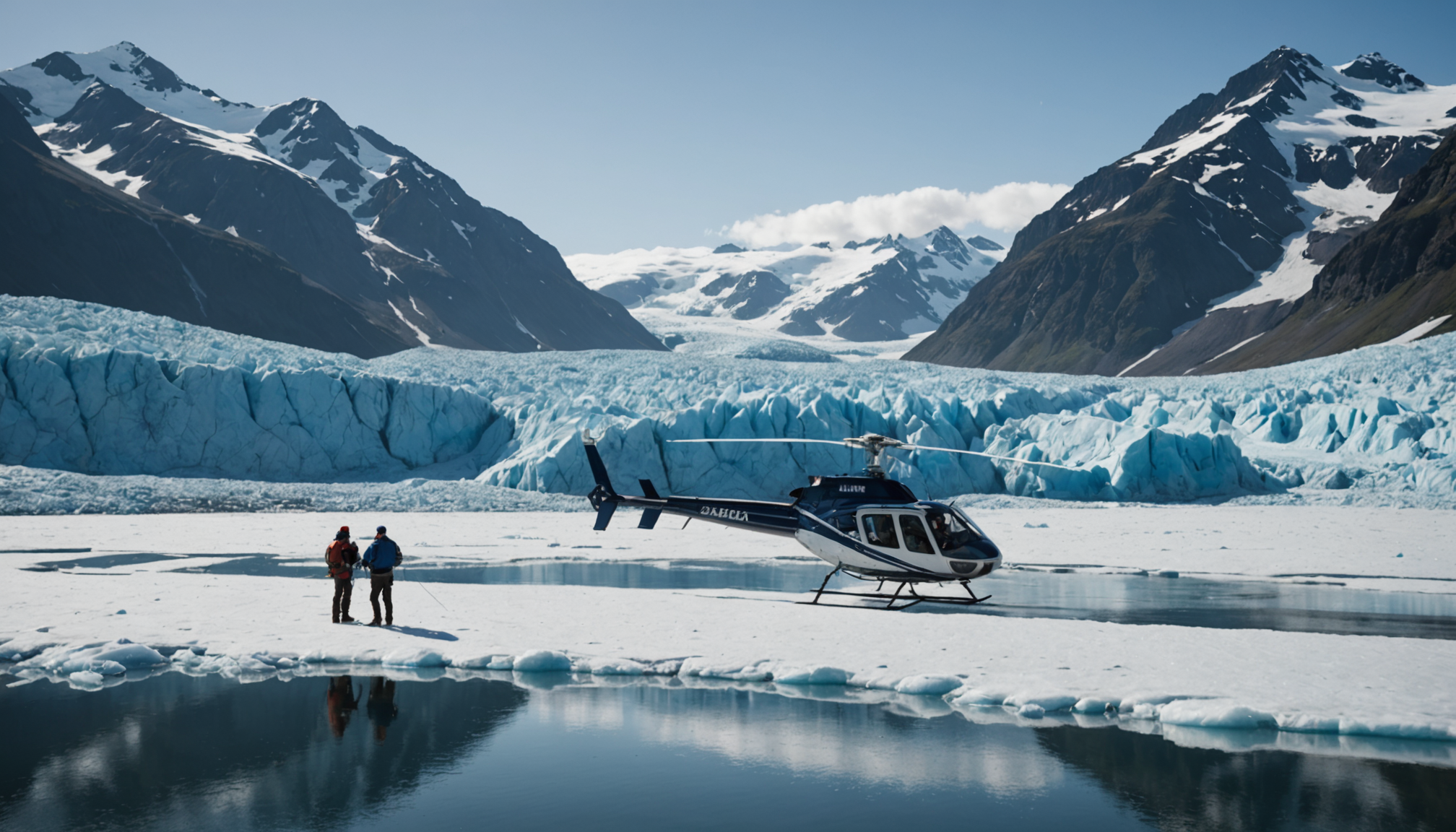 Tourists boarding a helicopter with mountains in the background