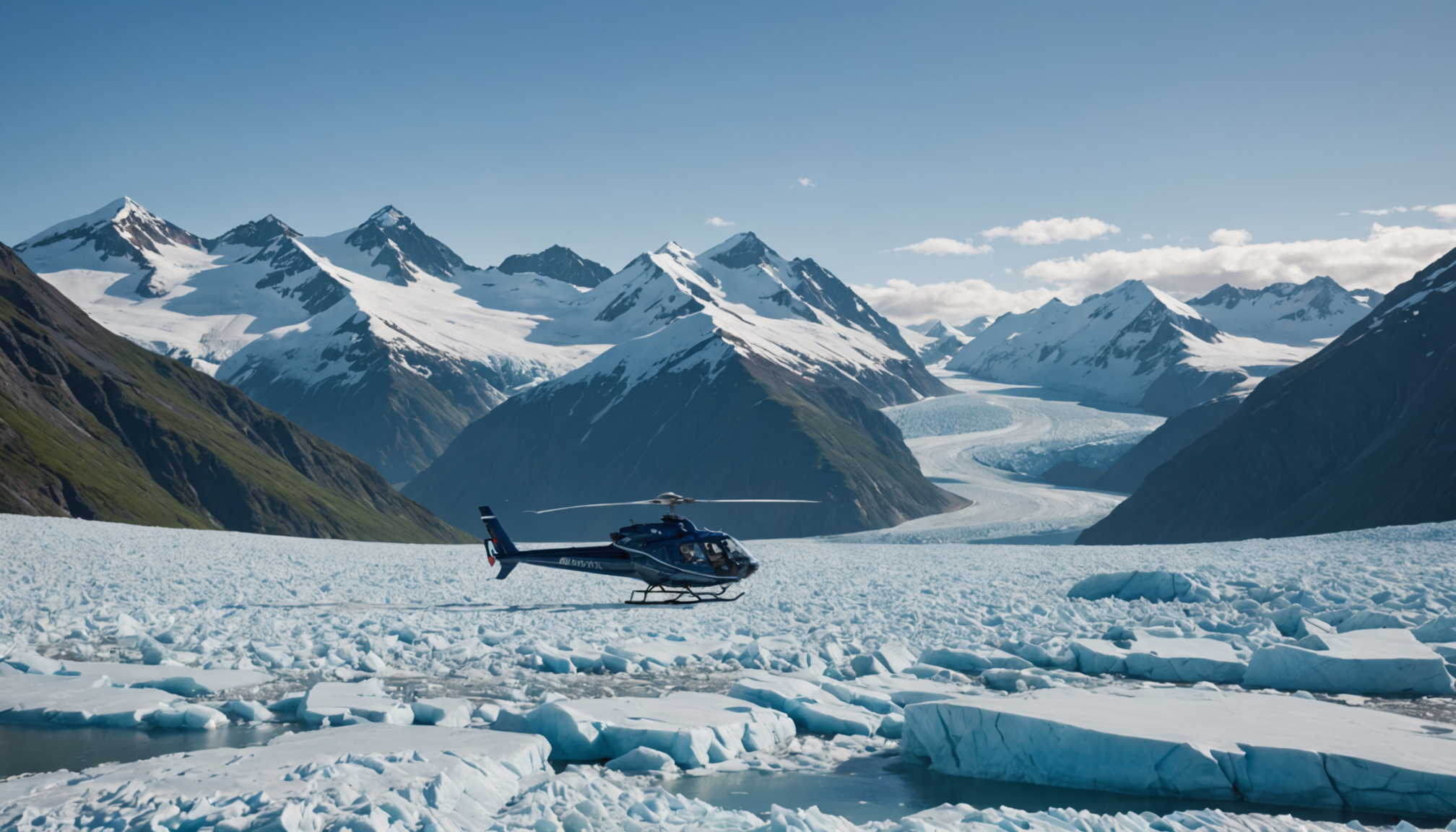 Helicopter over Knik Glacier with passengers capturing photos