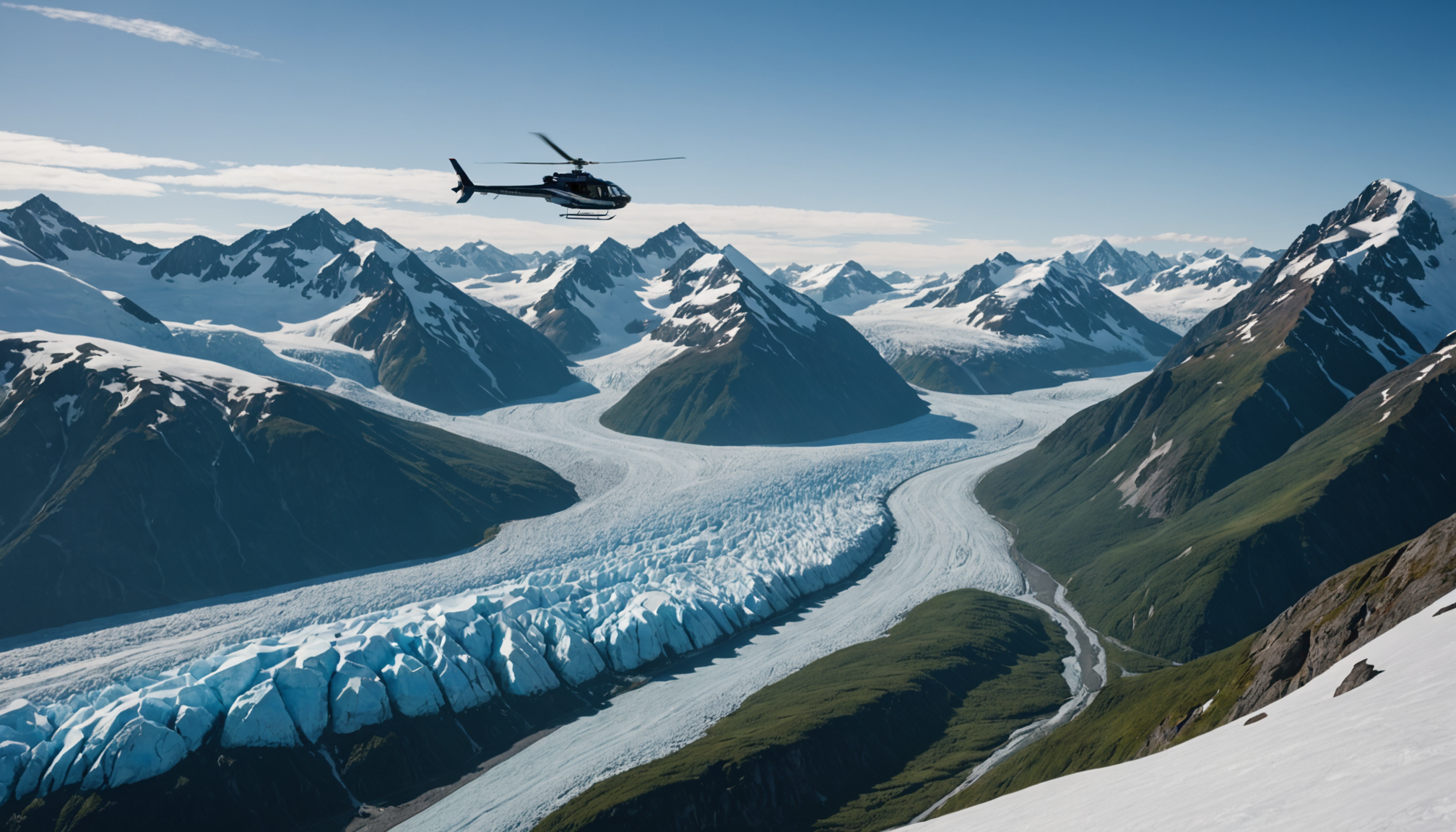 Helicopter soaring over Knik Glacier