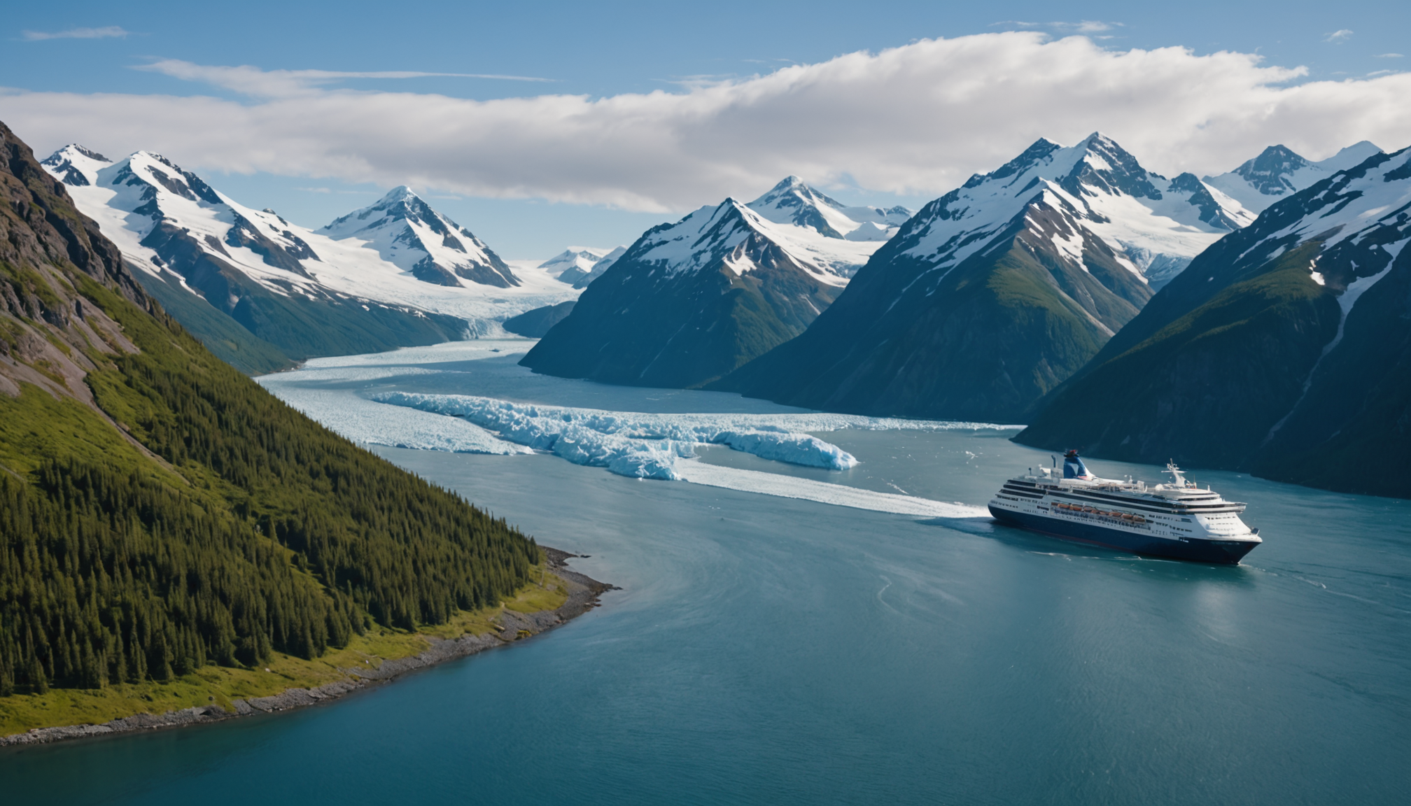 Aerial view of a cruise ship navigating Alaska's Inside Passage