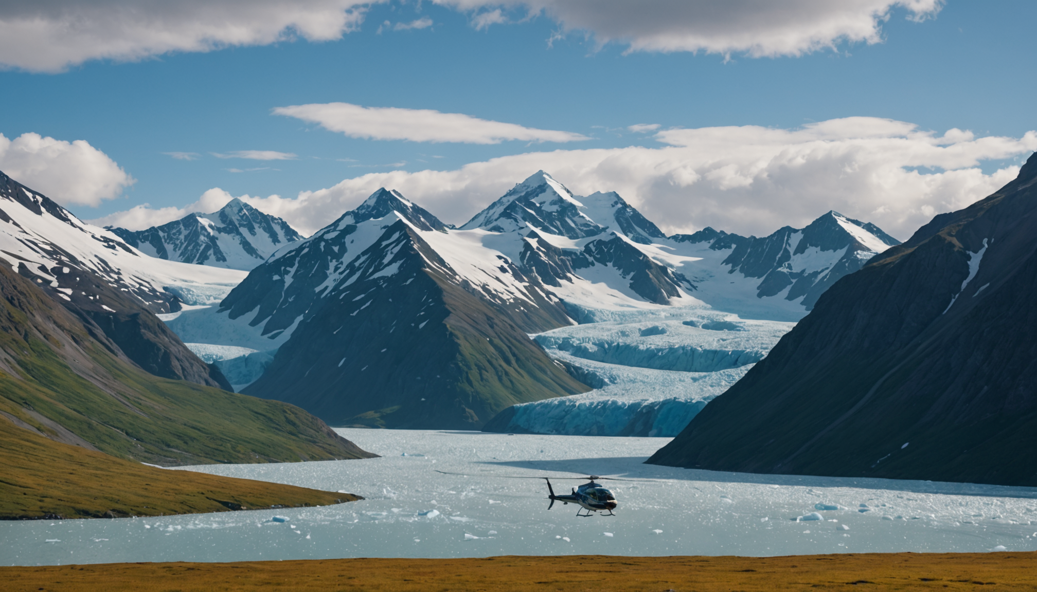 Helicopter landing near Chugach Mountains