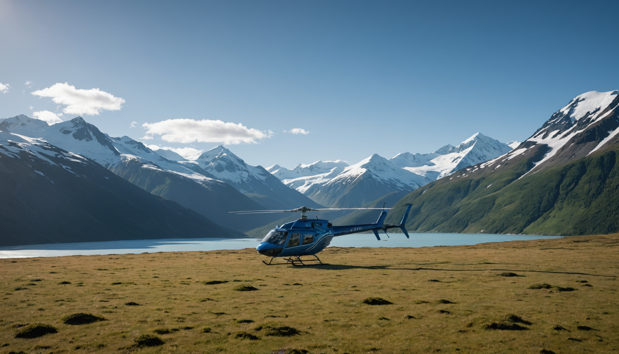 A helicopter landing near a serene Alaskan lake surrounded by mountains