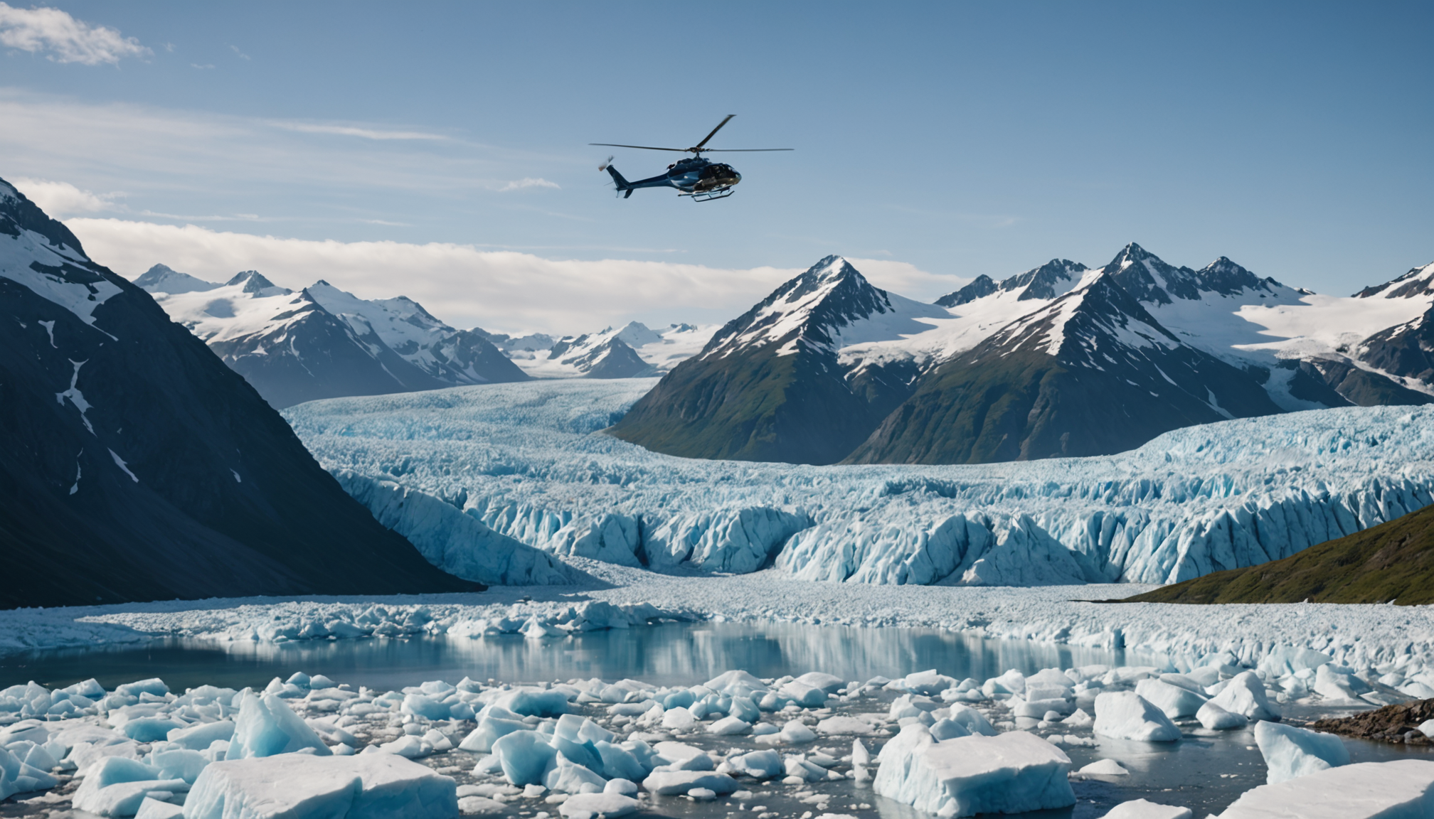 Helicopter landing on a glacier with cruise ships in the background
