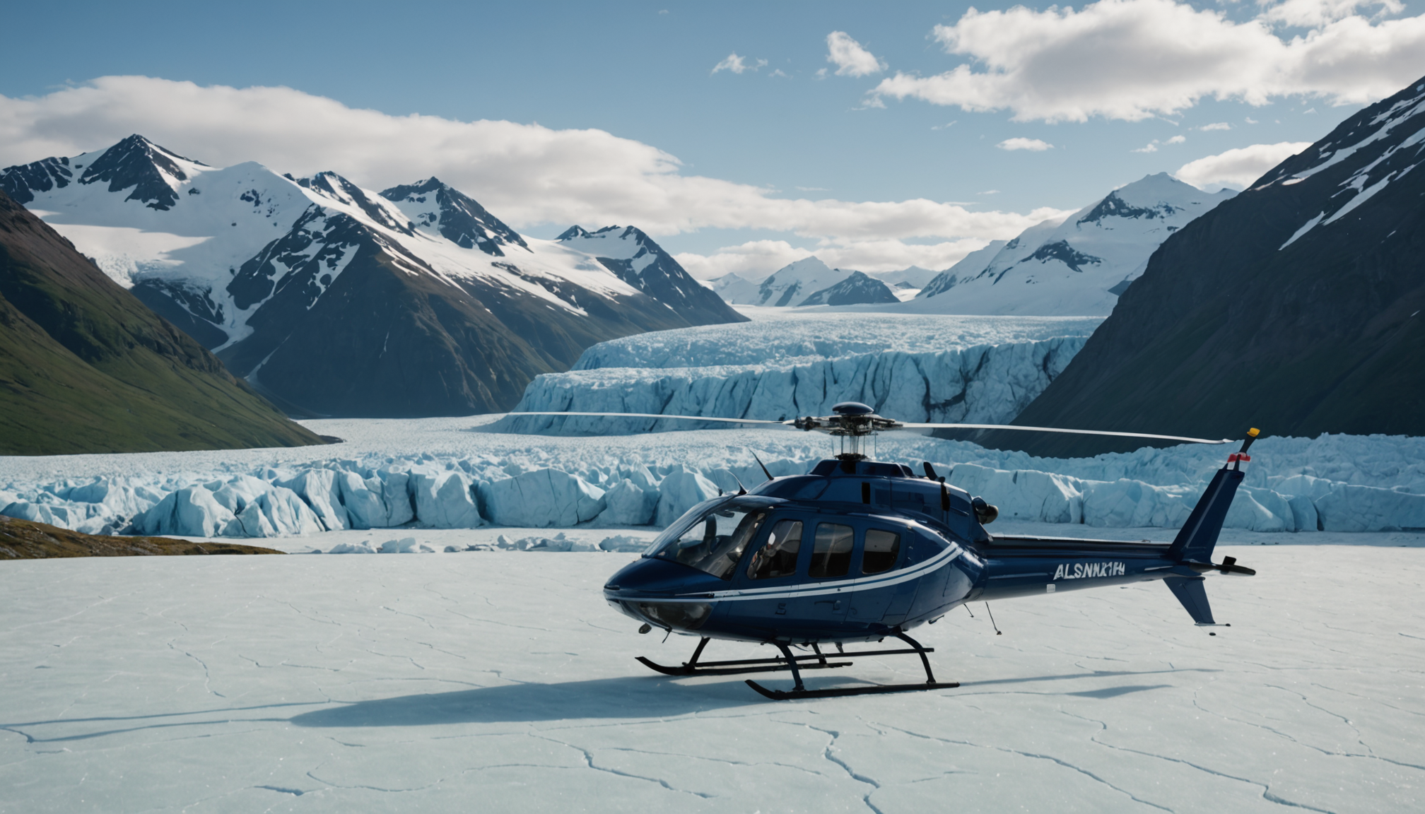 Helicopter landing on a glacier in the Chugach Mountains