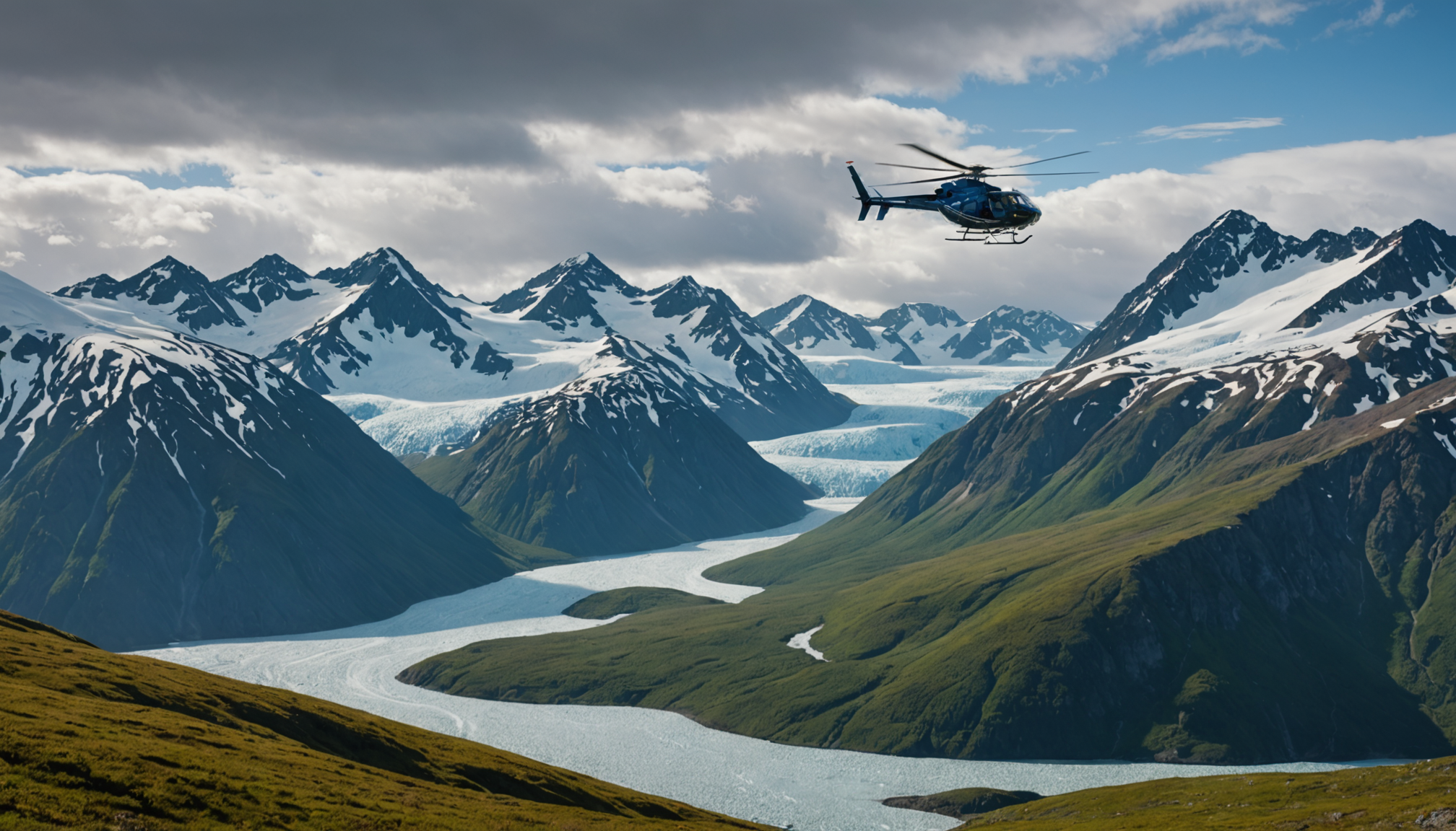 Helicopter flying over Chugach Mountains with snow-capped peaks in the background