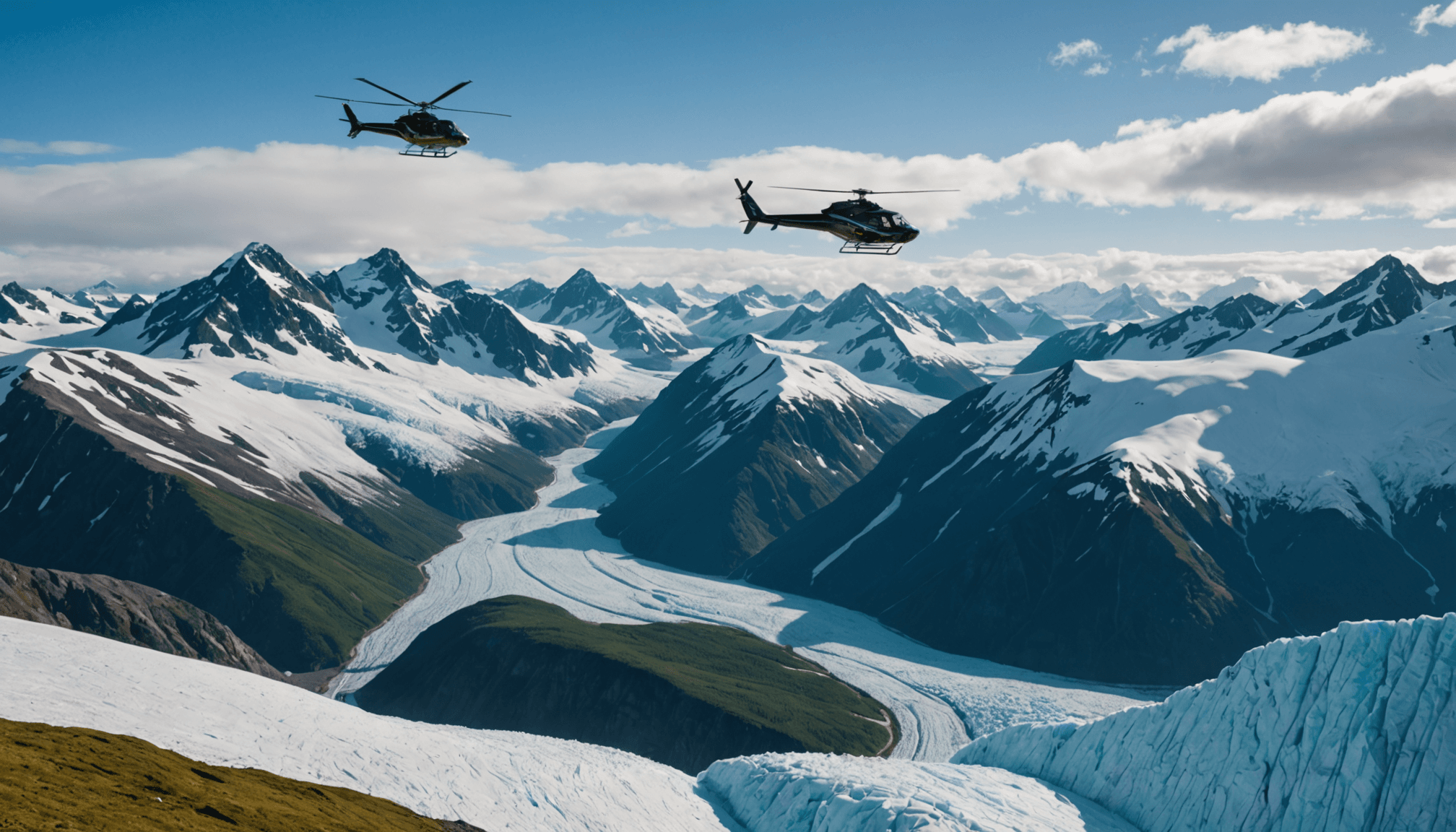 Helicopter flying over the Chugach Mountains during winter
