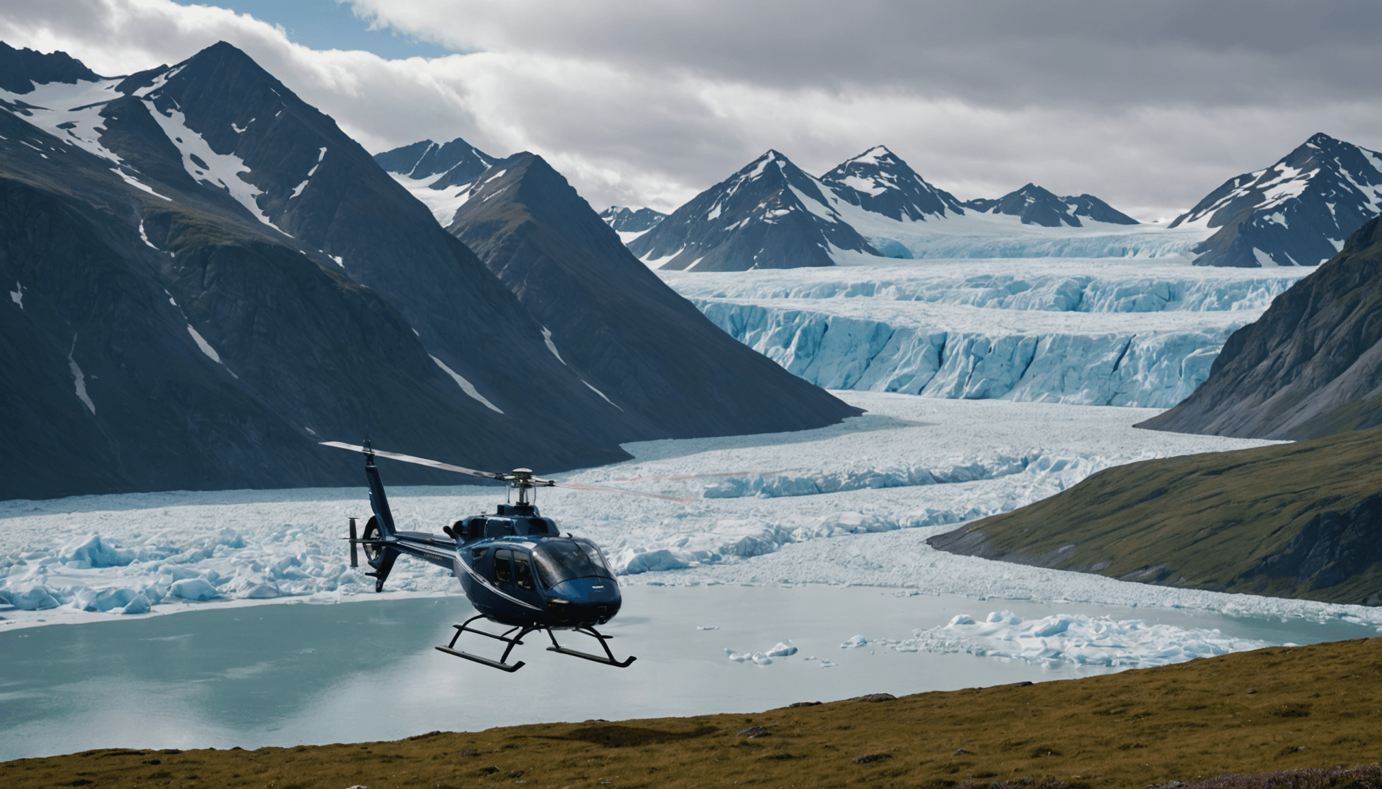 A helicopter landing near a glacier in Alaska