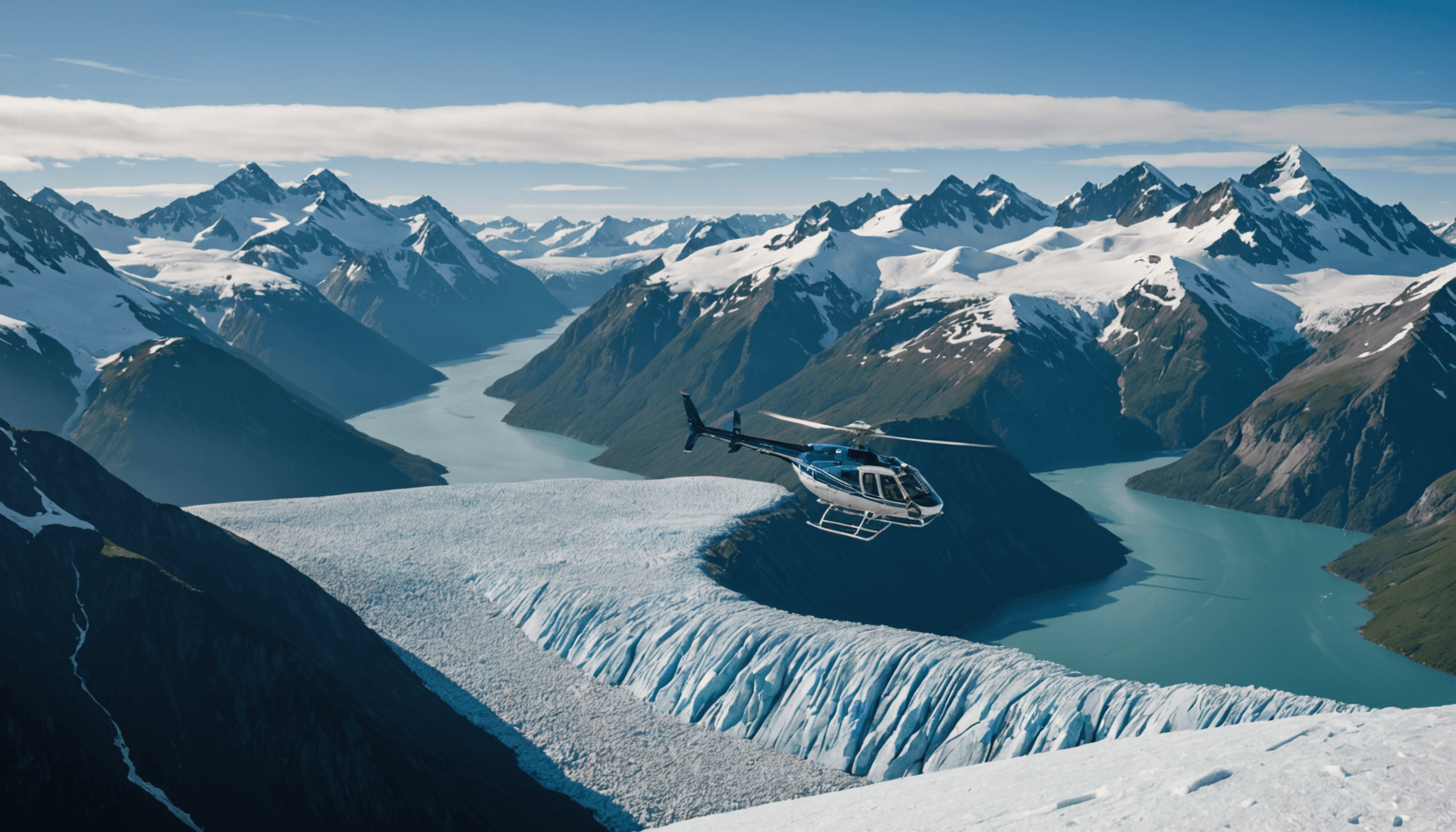 Helicopter flying over Alaskan wilderness
