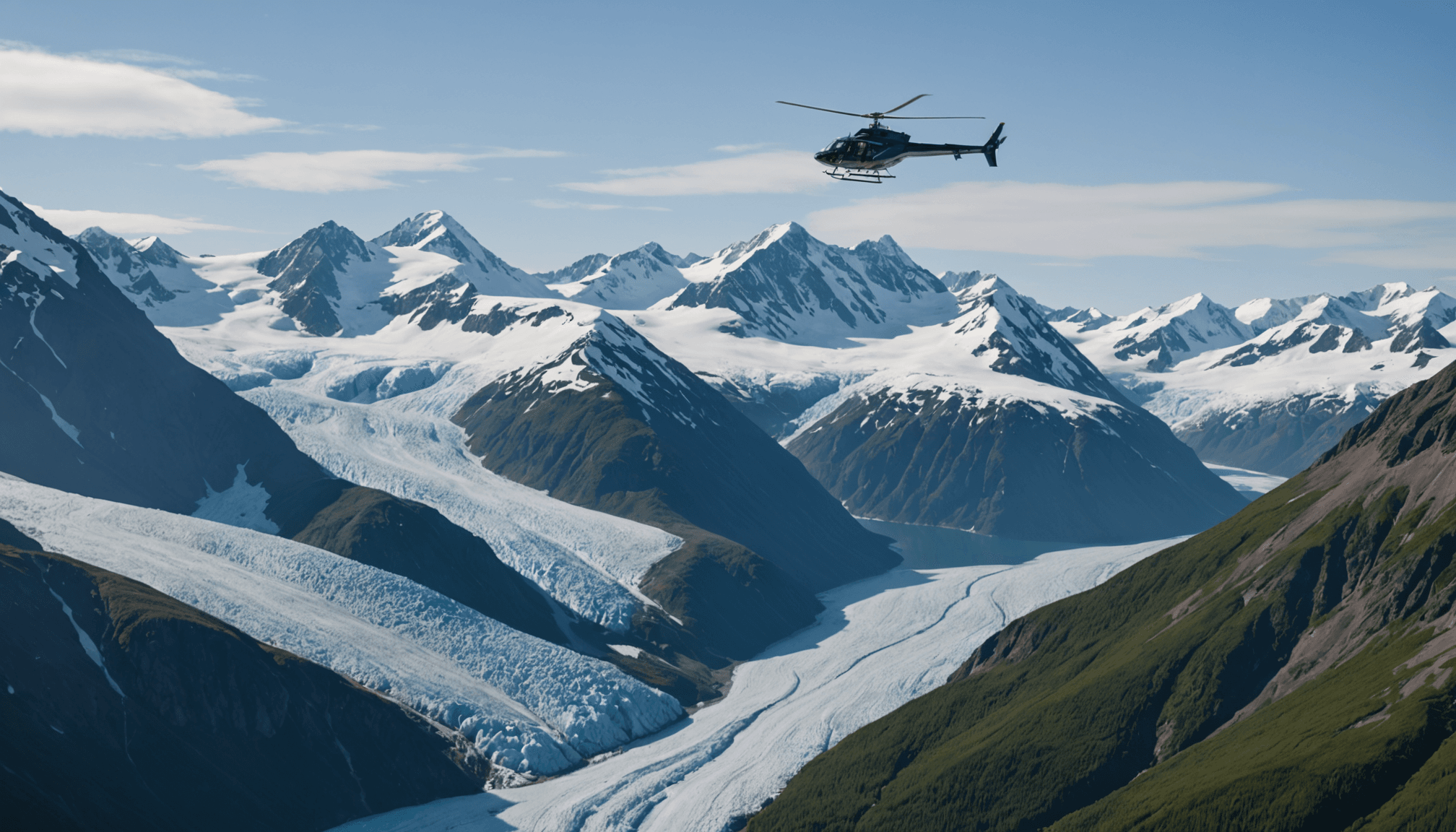Helicopter flying over Knik Glacier
