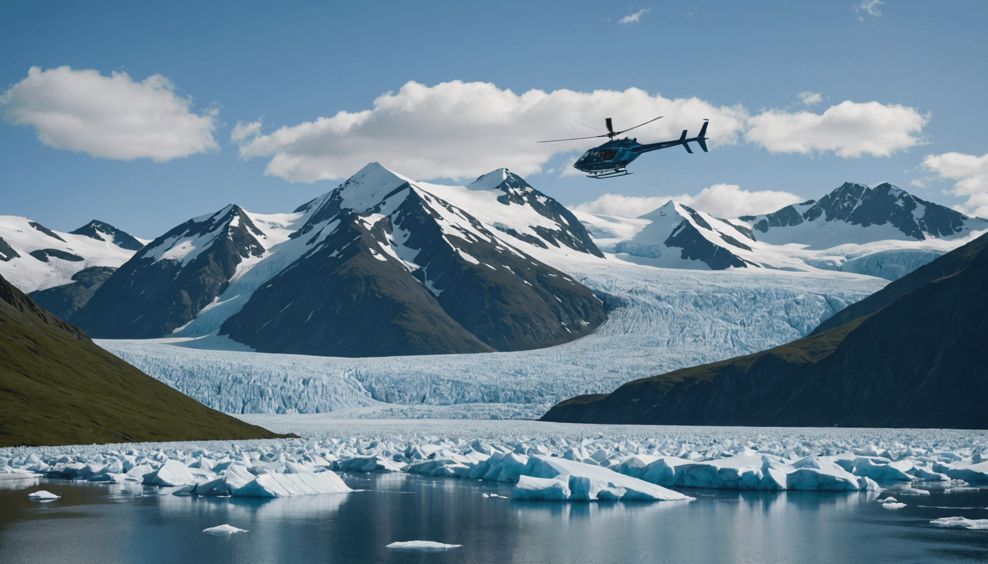 Helicopter flying over a glacier in the Chugach Mountains
