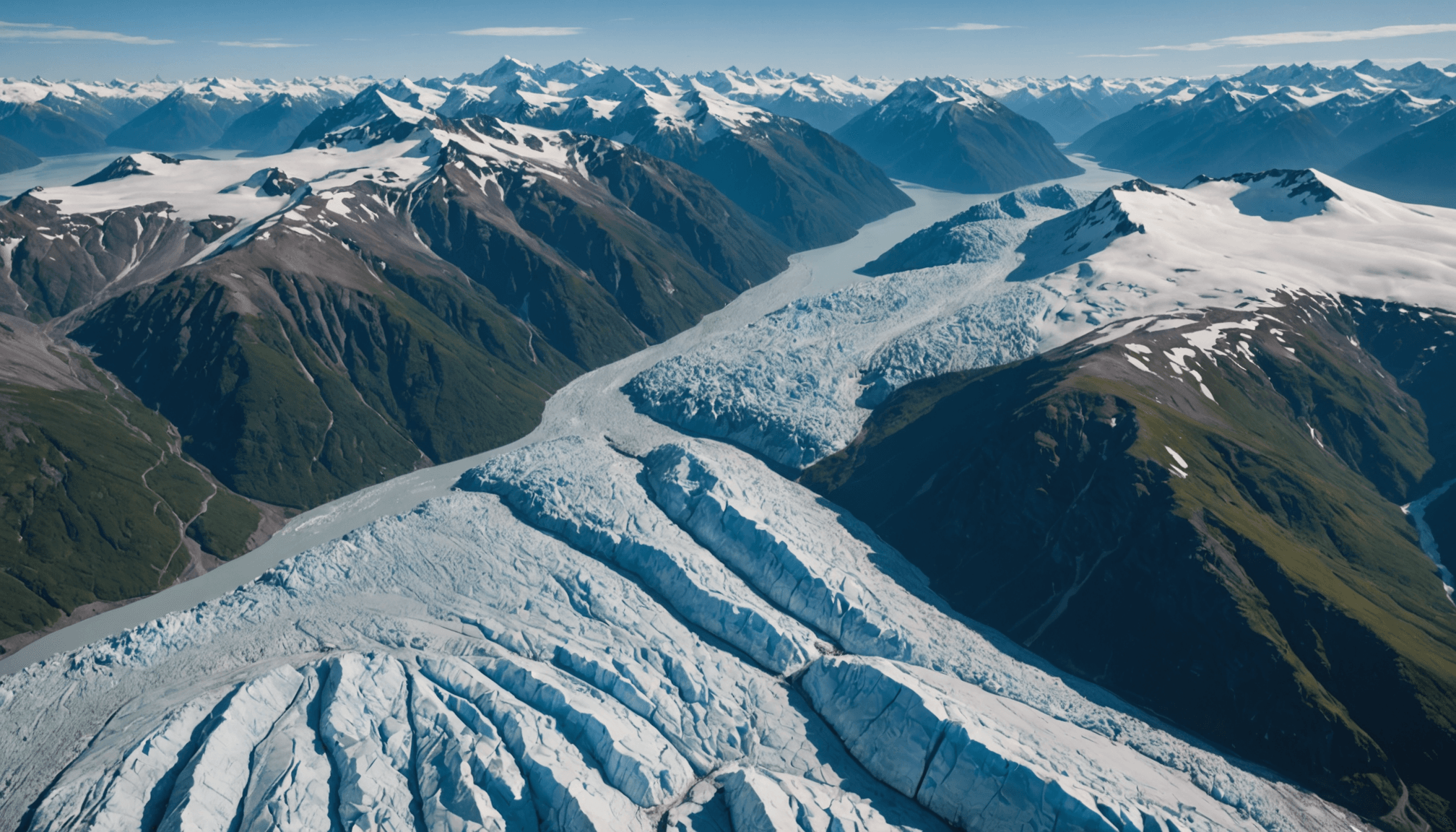 Aerial view of Knik Glacier with a helicopter in the foreground