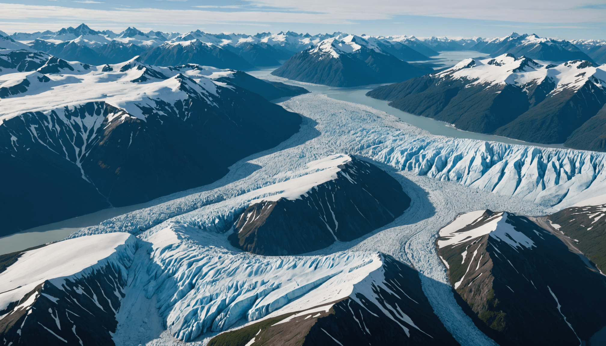 Aerial view of Knik Glacier with a helicopter in the foreground
