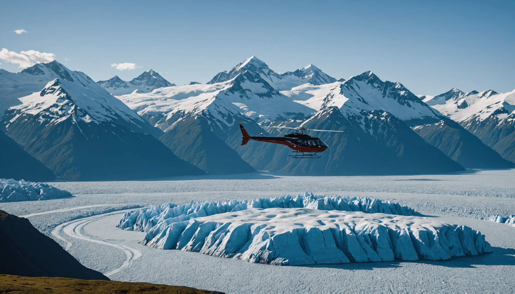 Helicopter flying over Knik Glacier
