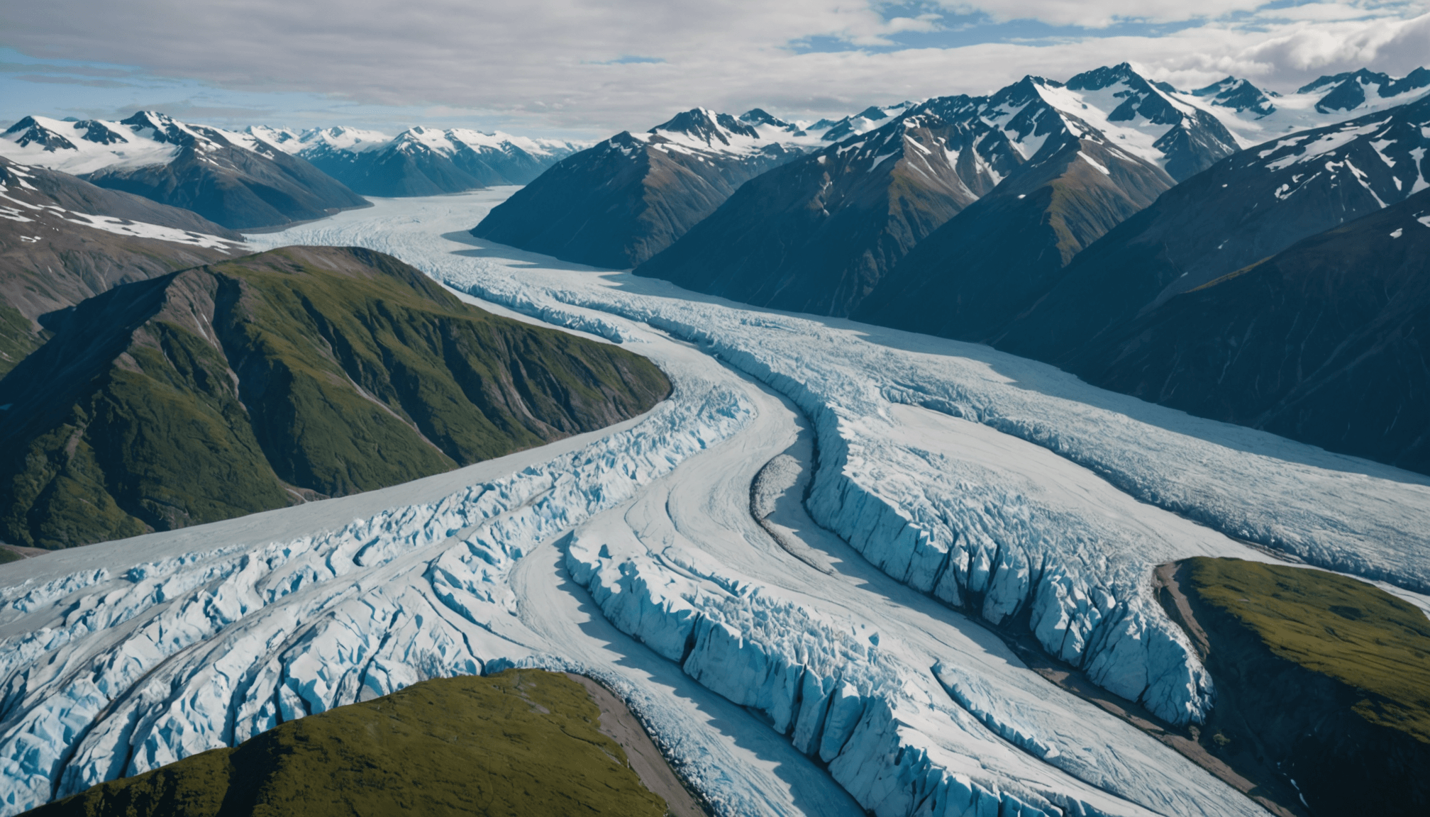 Aerial view of Knik Glacier with a helicopter in the foreground