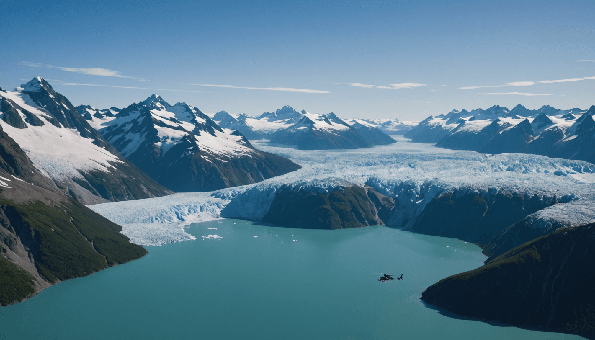 Aerial view of Glacier Bay with towering ice formations and turquoise waters